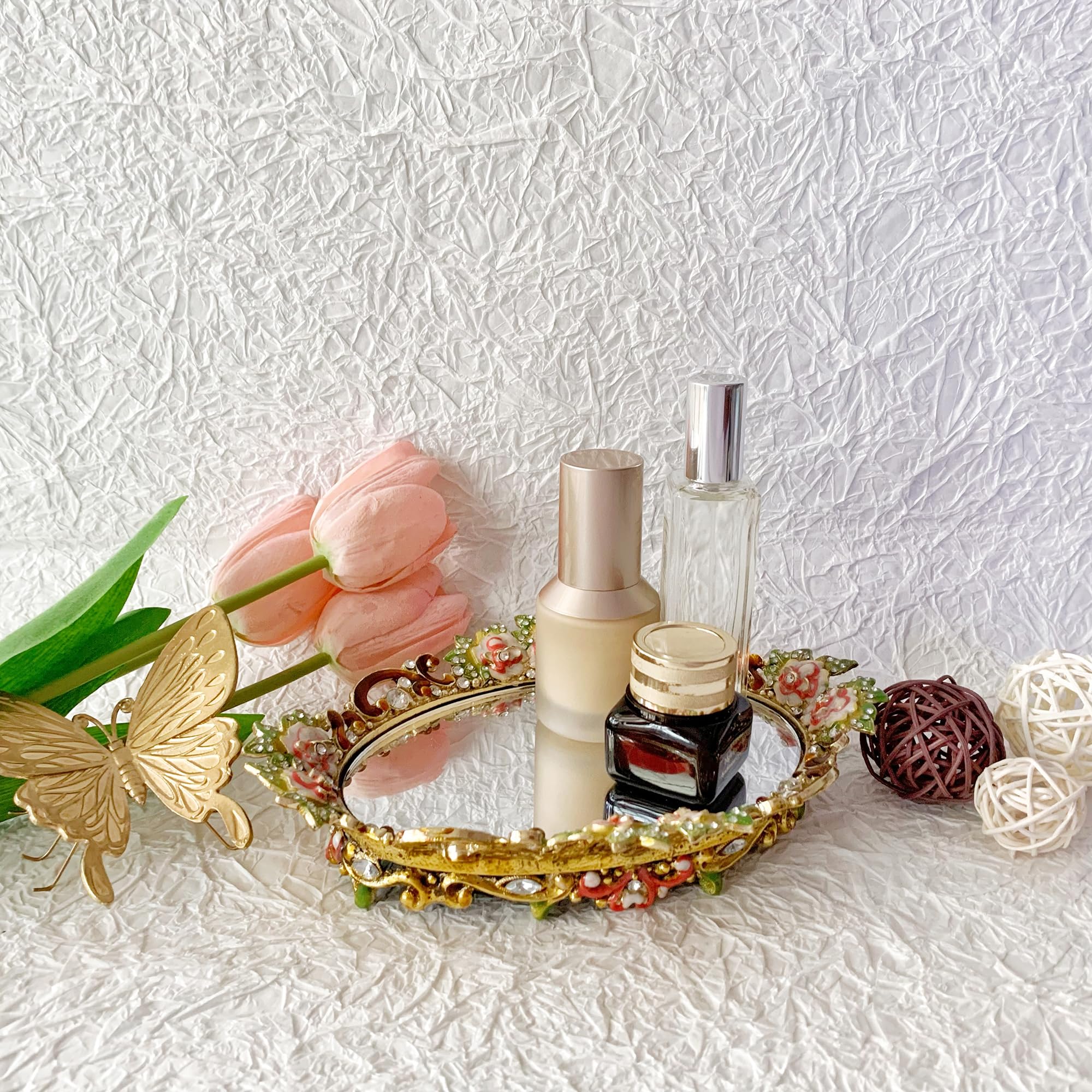 Hand-Painted Gold Floral Mirror Vanity Tray â€?Decorative Metal Jewelry and Makeup Organizer for Dresser or Countertop