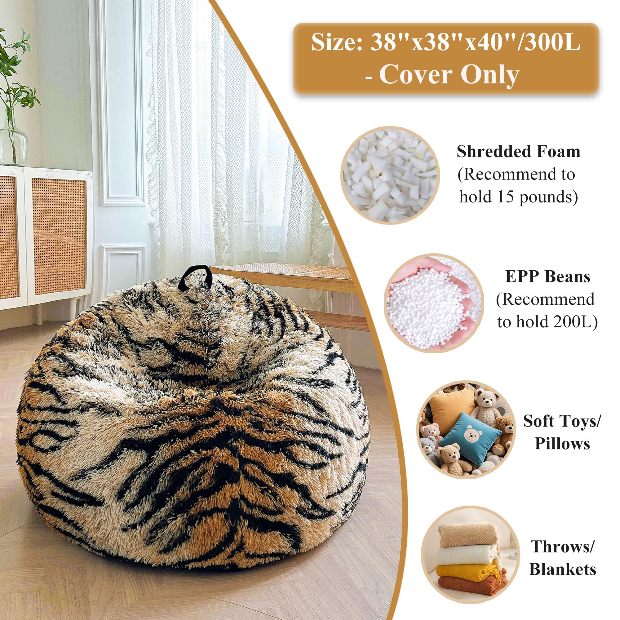 Faux Fur Leopard Print Bean Bag Chair Cover (No Filler), Fluffy Stuffed Animal Storage Cheetah Bean Bag Home Decor, Furry Fuzzy Big Beanbag Cover, Anti-Slip