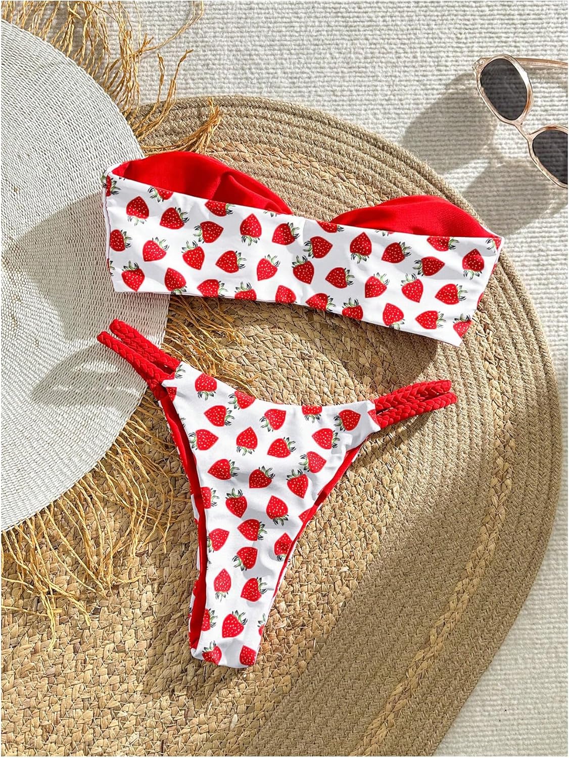Women's Strapless Knot Front Bandeau Bikini Set Cheeky Thong Strawberry Print Swimsuit