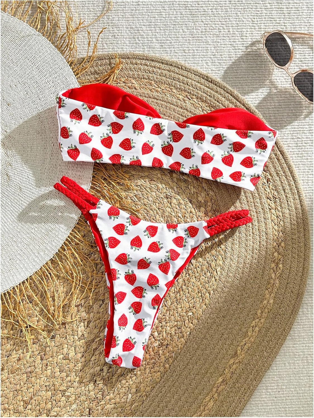 Women's Strapless Knot Front Bandeau Bikini Set Cheeky Thong Strawberry Print Swimsuit