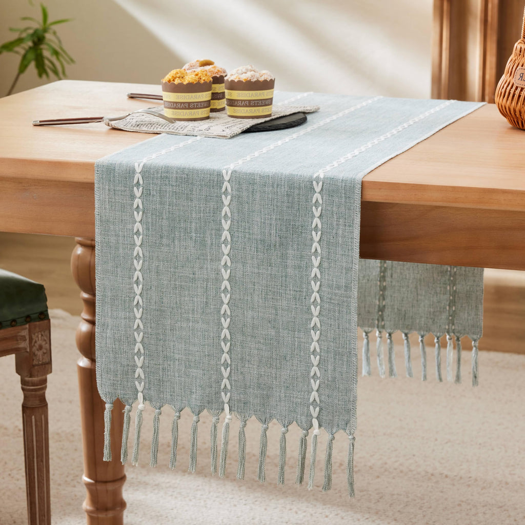 Cotton Linen Table Runners Long, Embroidered Striped Pink Boho Table Runner Rustic Home Decor