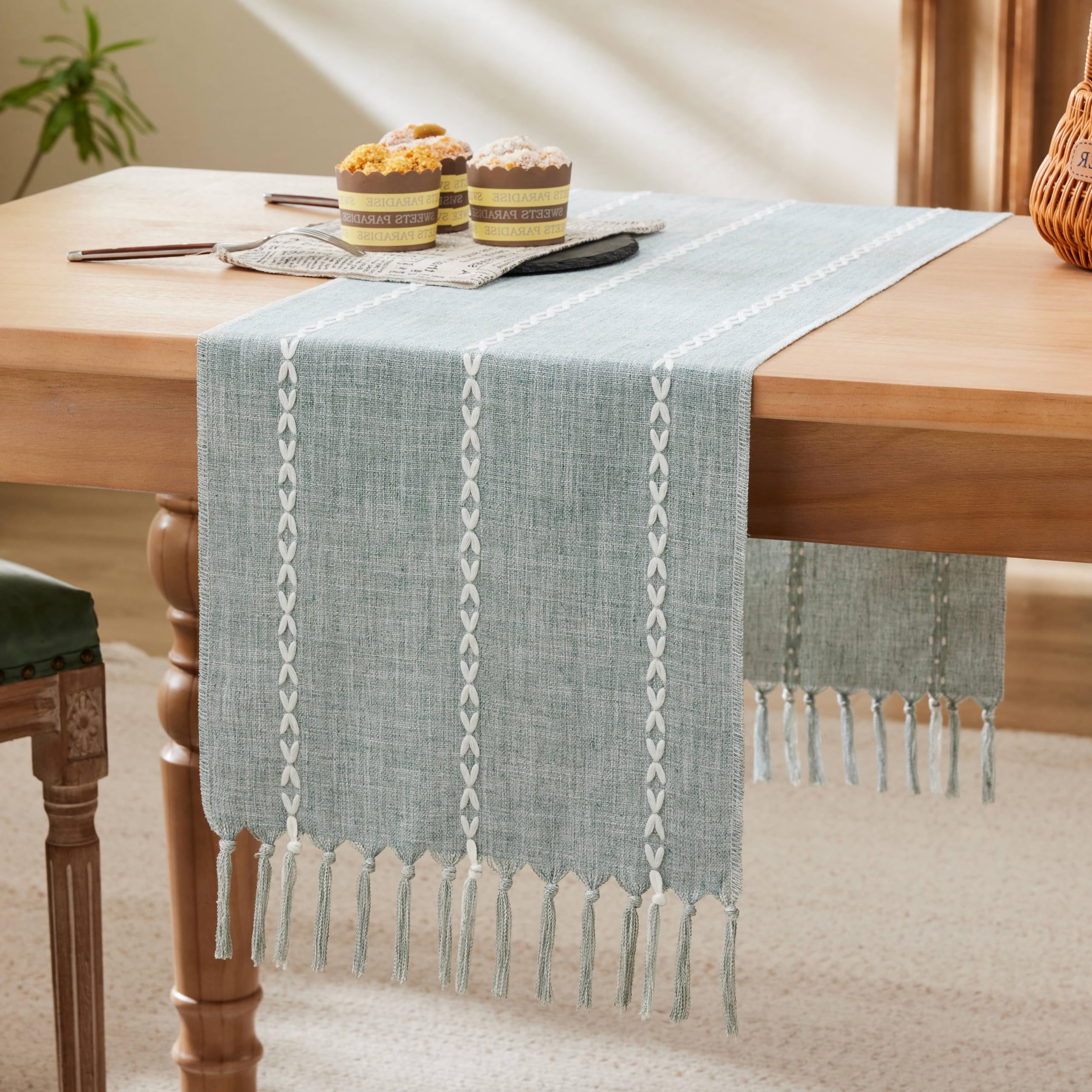 Cotton Linen Table Runners Long, Embroidered Striped Pink Boho Table Runner Rustic Home Decor