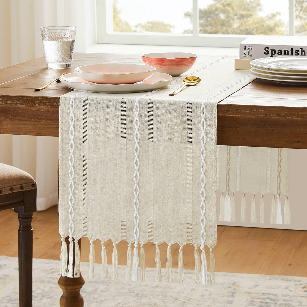 Cotton Linen Table Runners Long, Embroidered Striped Pink Boho Table Runner Rustic Home Decor