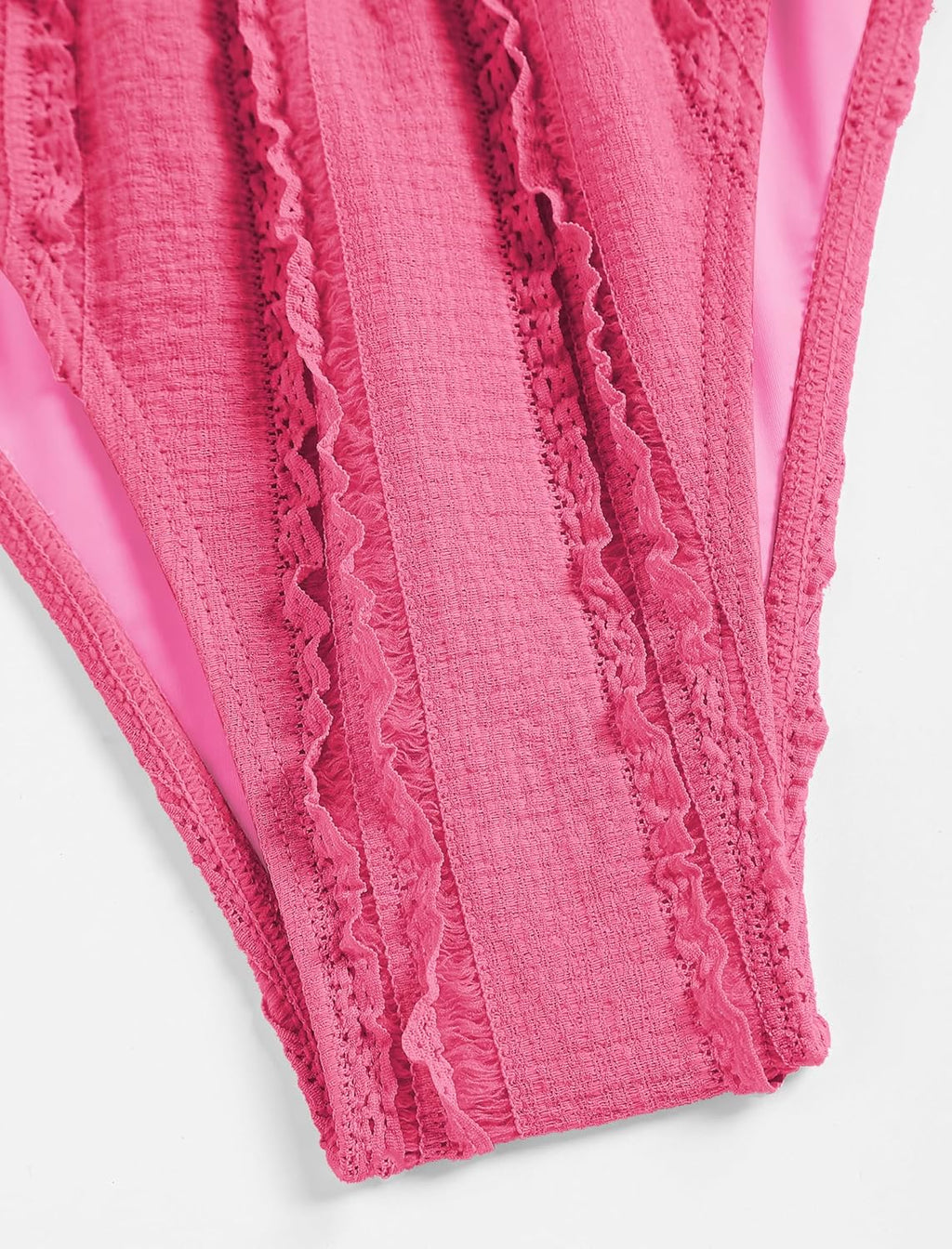 Pink Tankini Swimsuits for Women Smocked Ruffles Tie Front Bowknot Textured High Cut