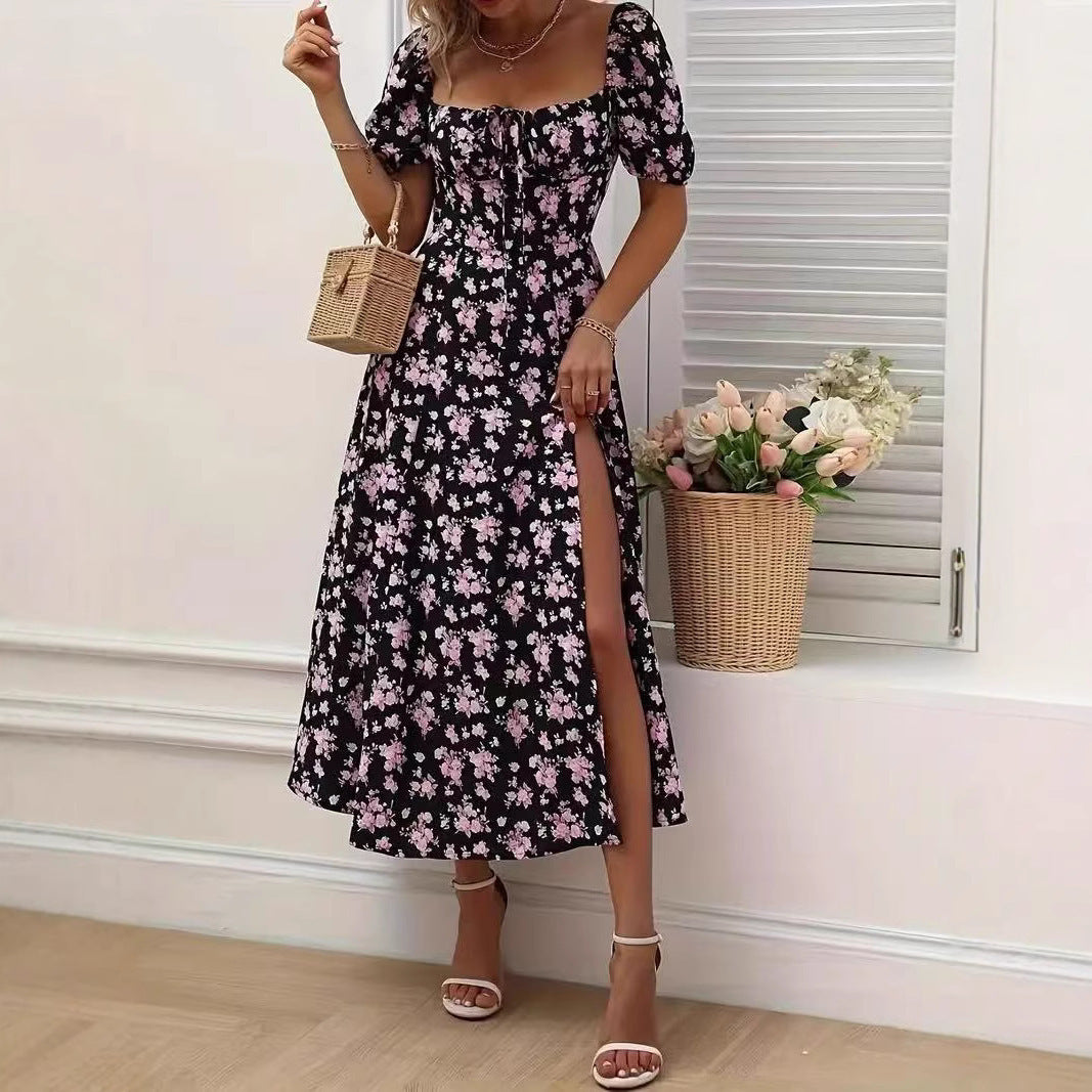 Floral Print Short Sleeve Split Dress