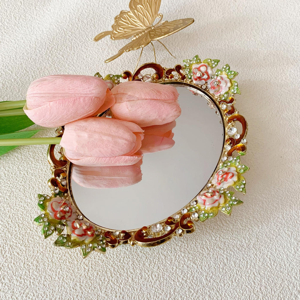 Hand-Painted Gold Floral Mirror Vanity Tray â€?Decorative Metal Jewelry and Makeup Organizer for Dresser or Countertop