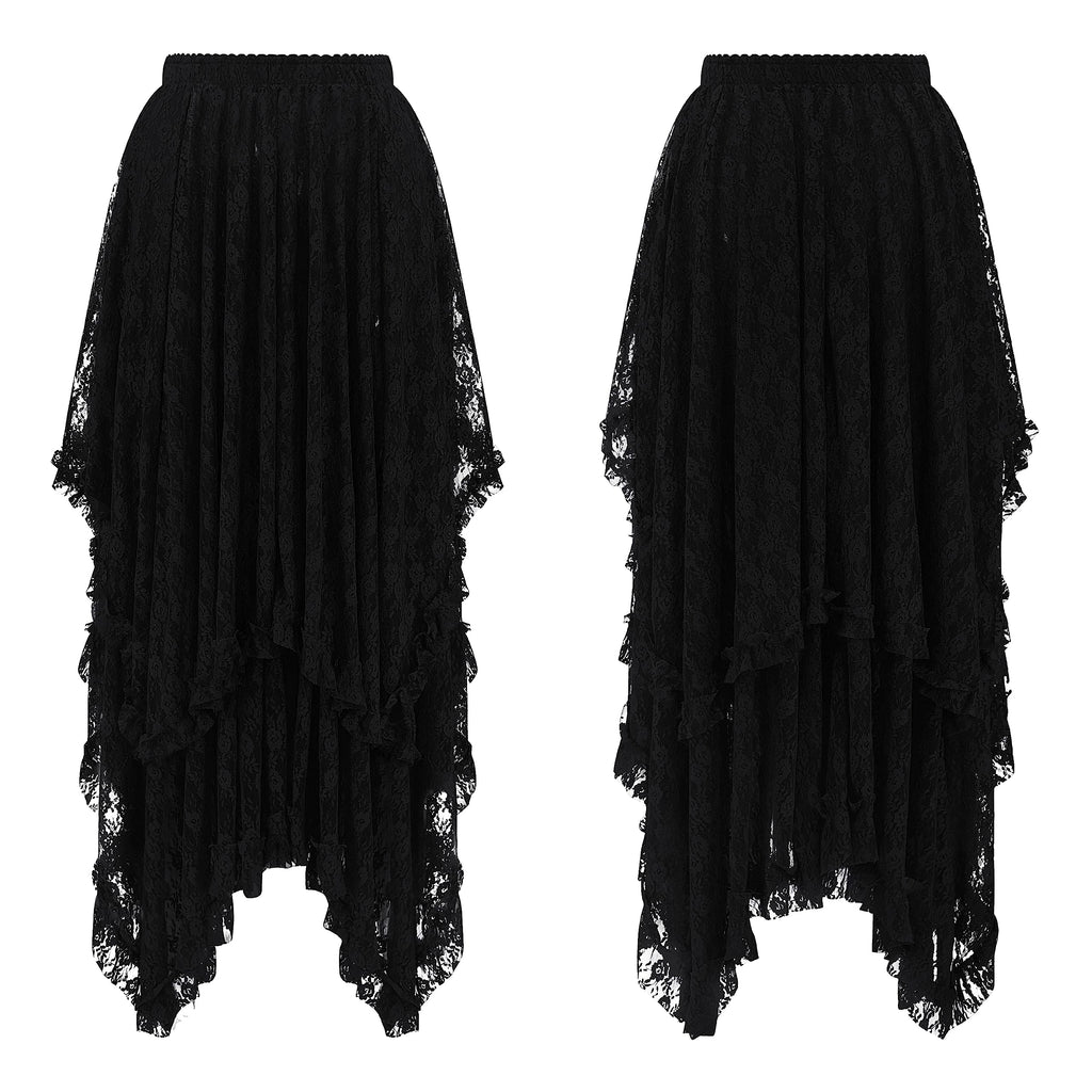 Women Lace Long Skirts Summer Elastic Asymmetrical Layered Hem Sexy See-Through Beach Floral Maxi Skirts