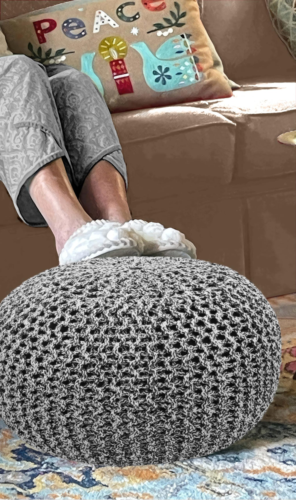Hand-Knitted Cotton Round Pouf â€?Braid Cord Ottoman, Footrest, and Accent Seat for Living Room, Nursery, Kids Room, or Dorm Décor â€?20x14