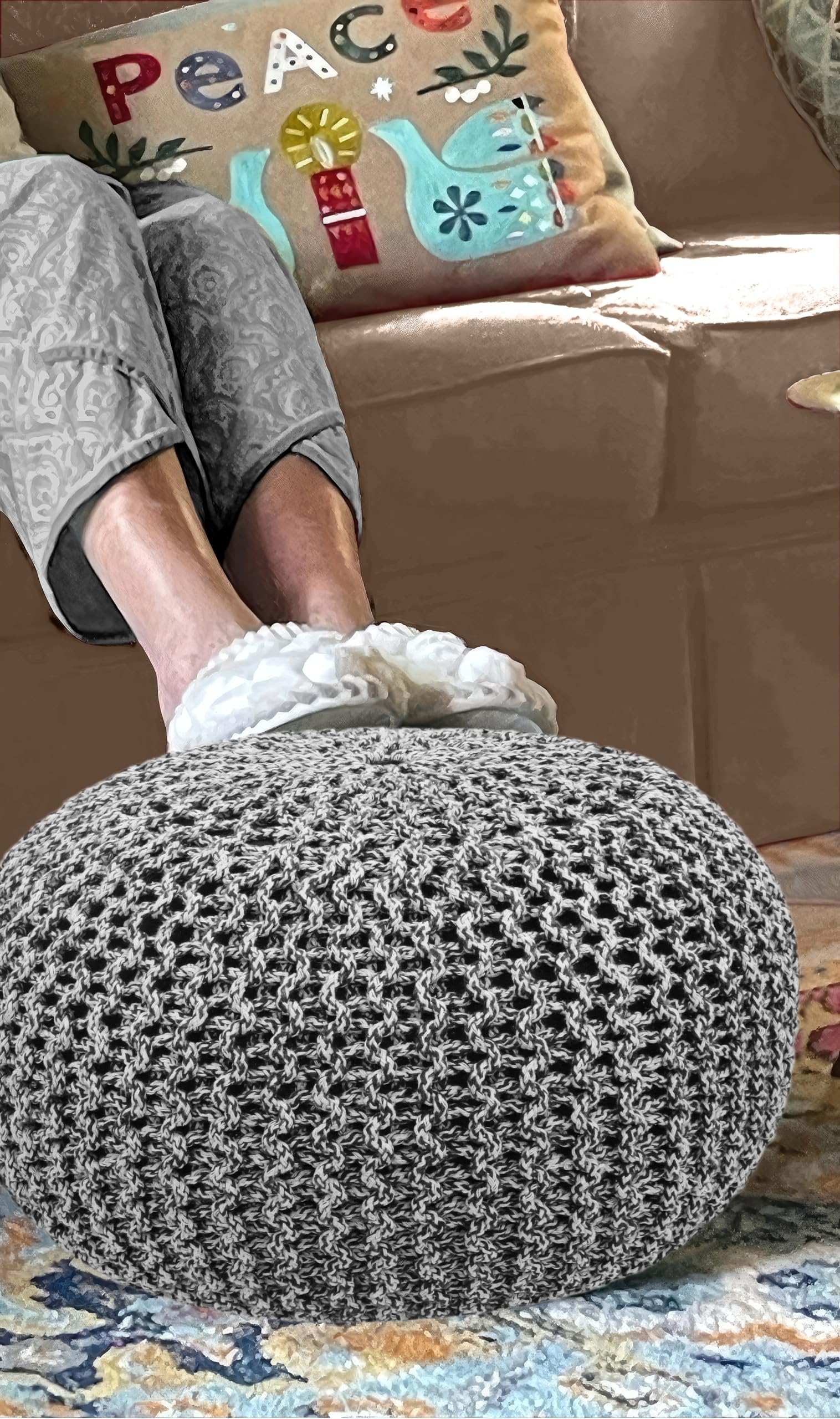 Hand-Knitted Cotton Round Pouf â€?Braid Cord Ottoman, Footrest, and Accent Seat for Living Room, Nursery, Kids Room, or Dorm Décor â€?20x14