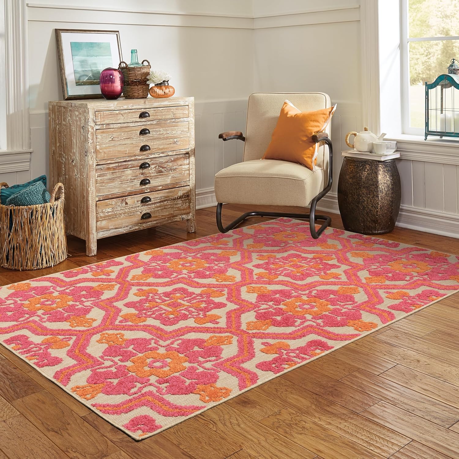 Sand/Pink Indoor-Outdoor Area Rug (5'3x7'6) - 5'3" x 7'6"