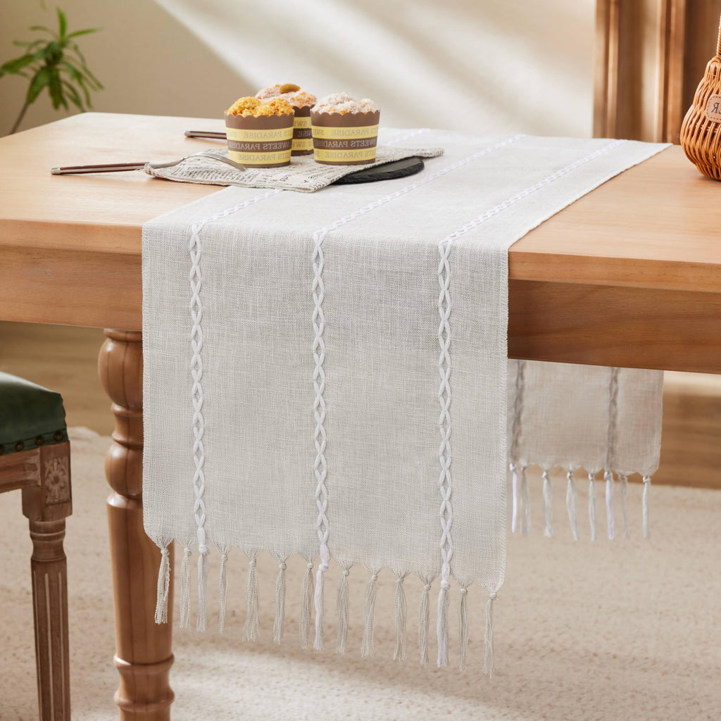 Cotton Linen Table Runners Long, Embroidered Striped Pink Boho Table Runner Rustic Home Decor