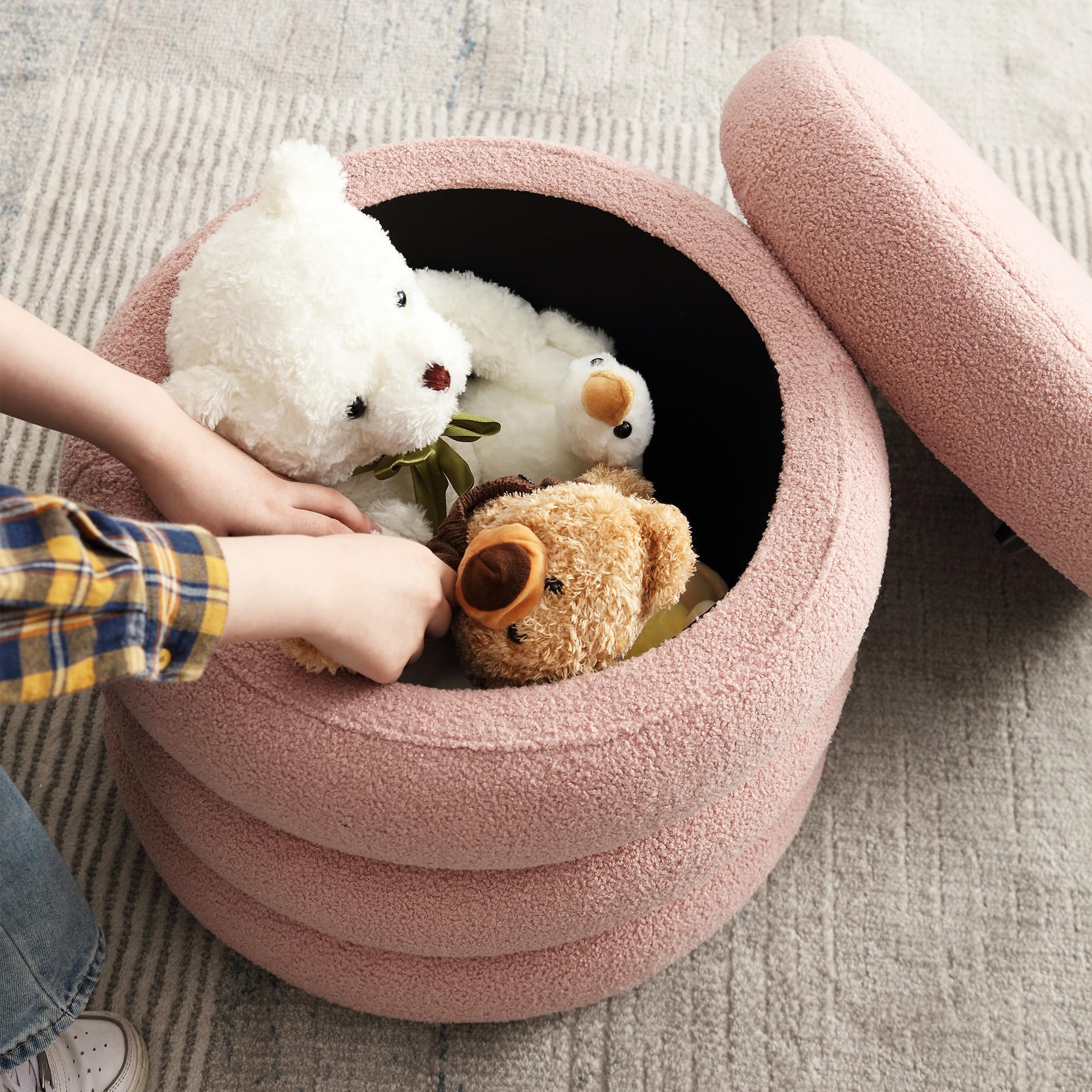 Storage Ottoman Round, Ottoman with Storage, Sherpa Ottoman Storage, (18 Inches x 16 Inches) Set of 2