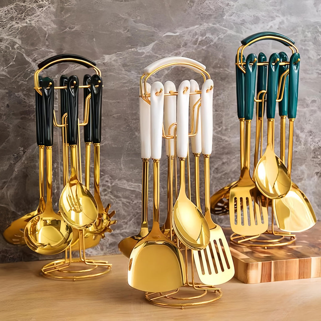 Gold Kitchen Utensils, 7pieces Gold Cooking Utensils Set, Kitchen Tools Set With Utensil Holder, Gold Kitchen Accessories, Dishwasher Safe, Easy To Clean