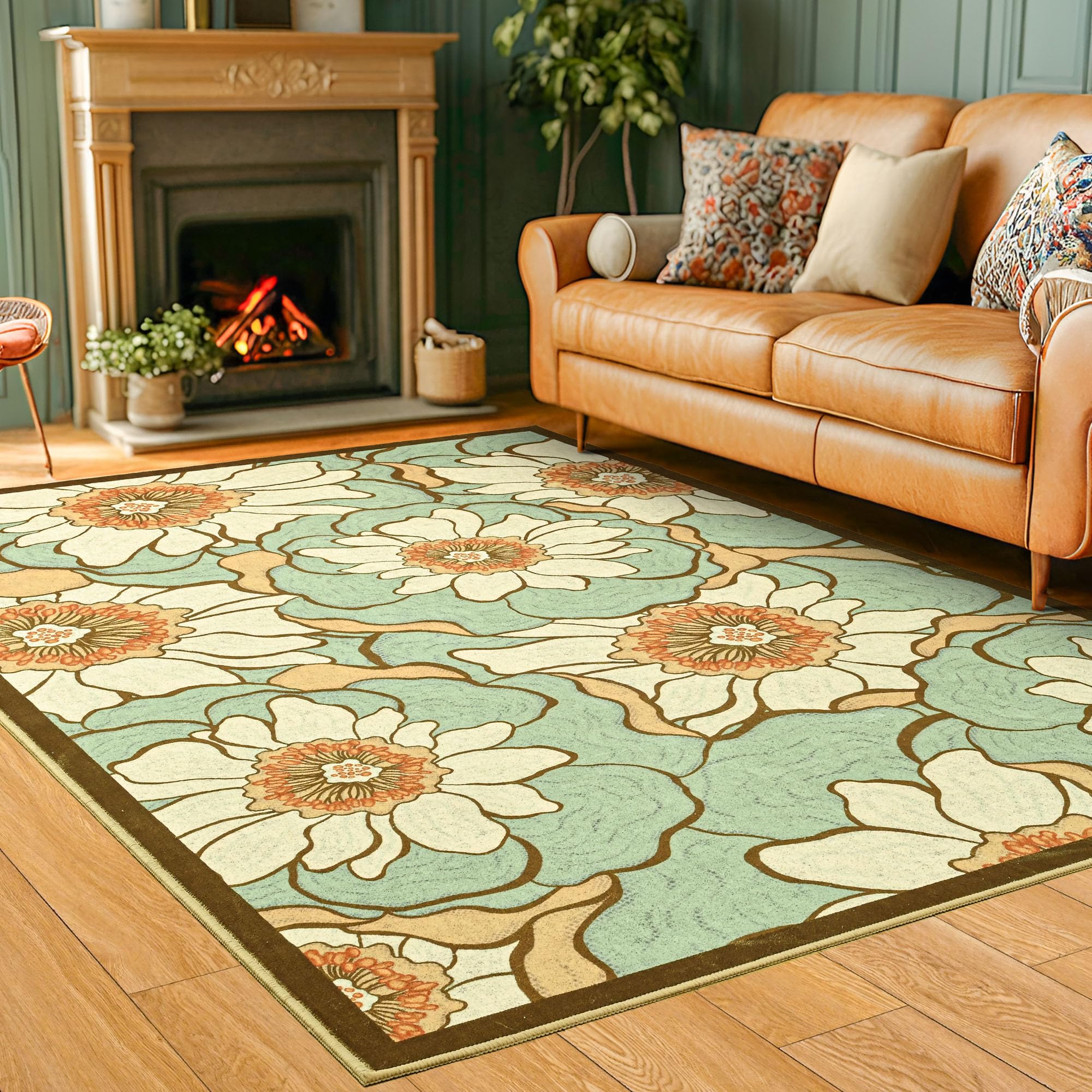 Faux Wool Boho Floral Area Rug Abstract Print Soft Carpet, TPR Non-Slip Backing, Machine Washable Low Pile Rug