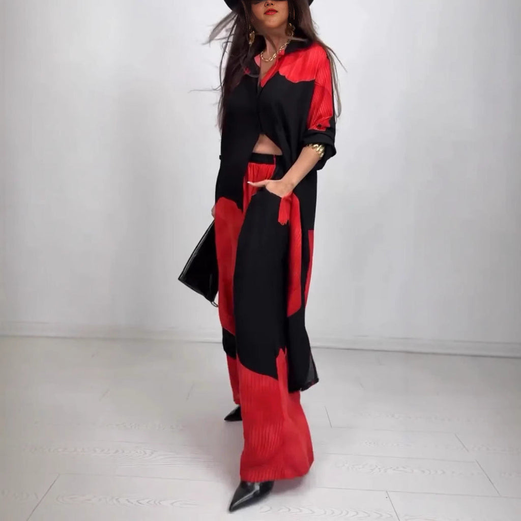 Three-quarter Sleeve Printed Top And Pants Suit