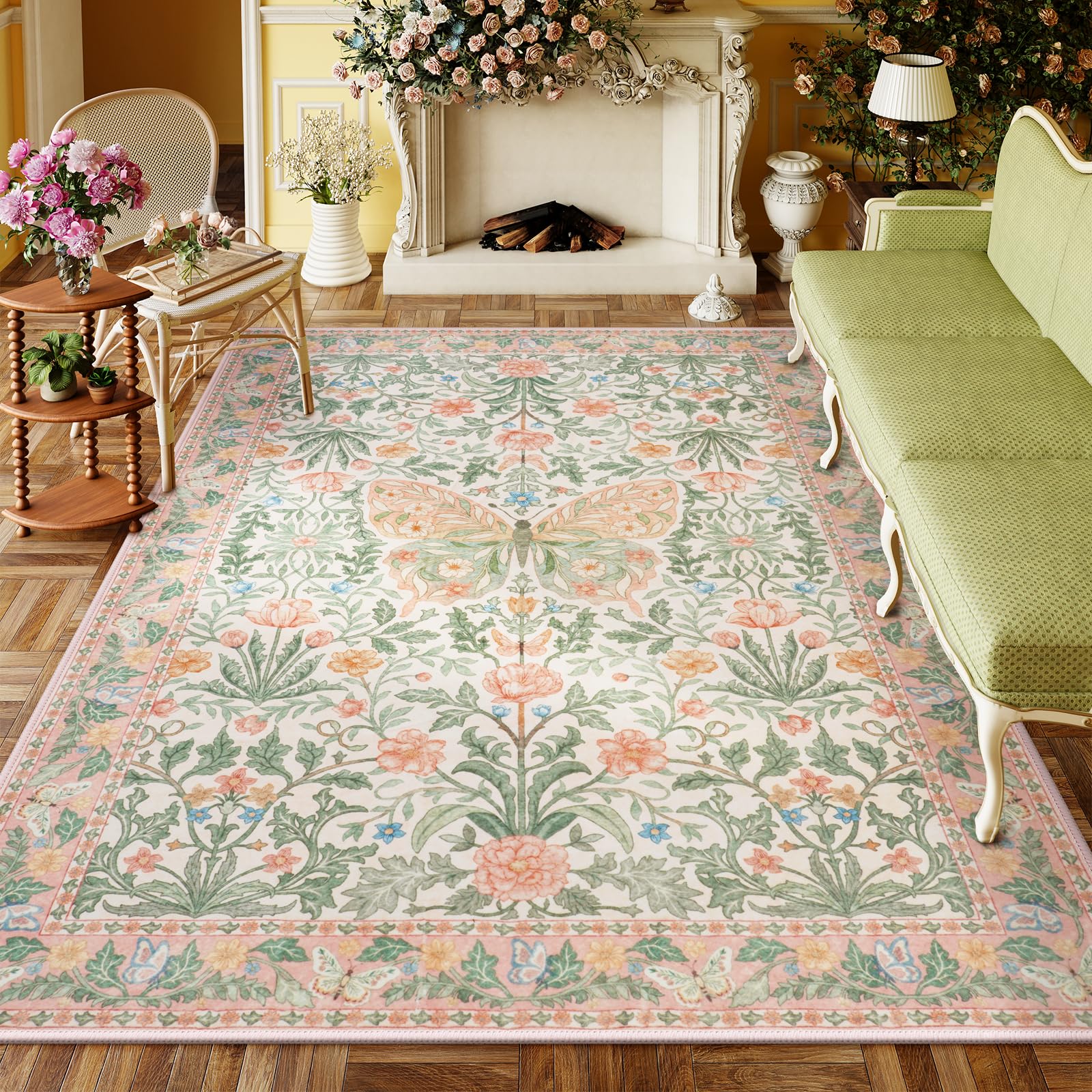 Vintage Floral Rug for Girls Bedroom Washable Non Slip, Soft Ultra Thin Boho Insect Carpet