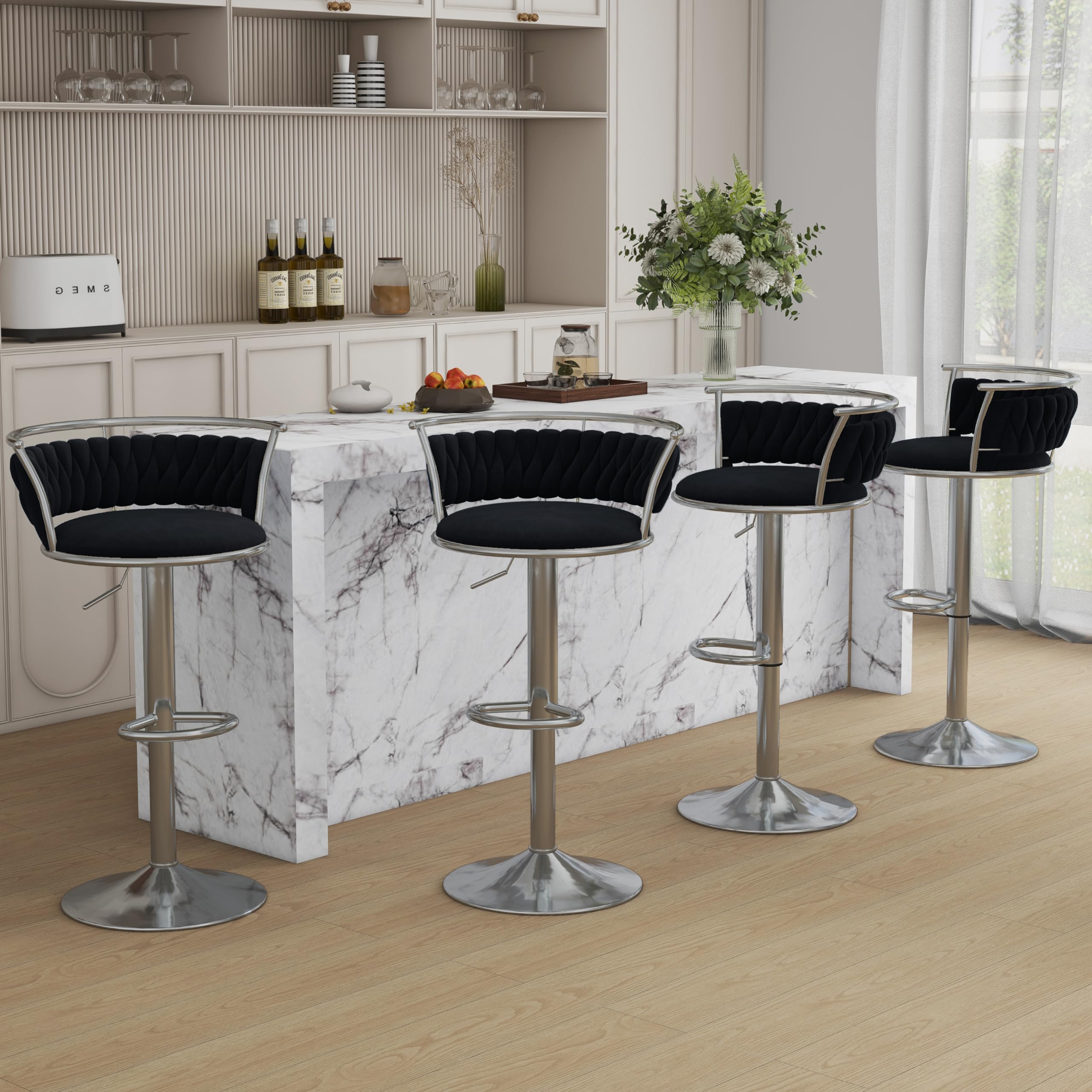 Velvet Swivel Bar Stools, Adjustable Counter Height Bar Chairs with Low Back & Footrest, Modern Gold Bar Stools for Kitchen Island, Bar Pub