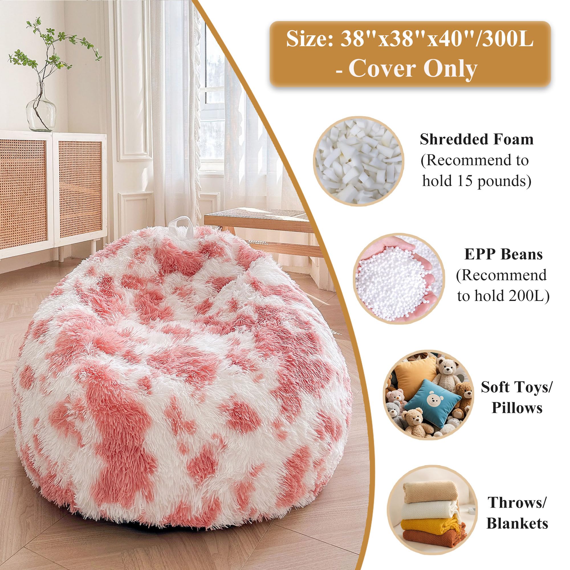 Faux Fur Leopard Print Bean Bag Chair Cover (No Filler), Fluffy Stuffed Animal Storage Cheetah Bean Bag Home Decor, Furry Fuzzy Big Beanbag Cover, Anti-Slip