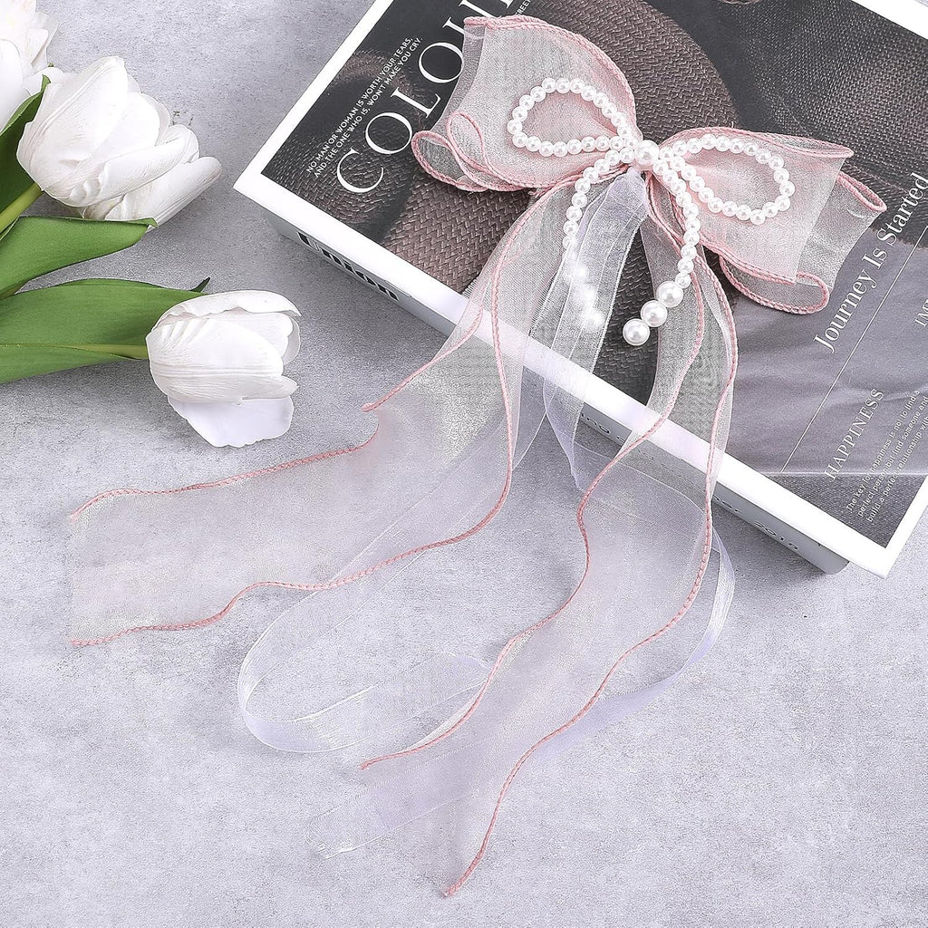 Sweet Pink Bow Curtain Holdbacks Buckles Ribbon Curtain Ties for with Pearls Home Decoration