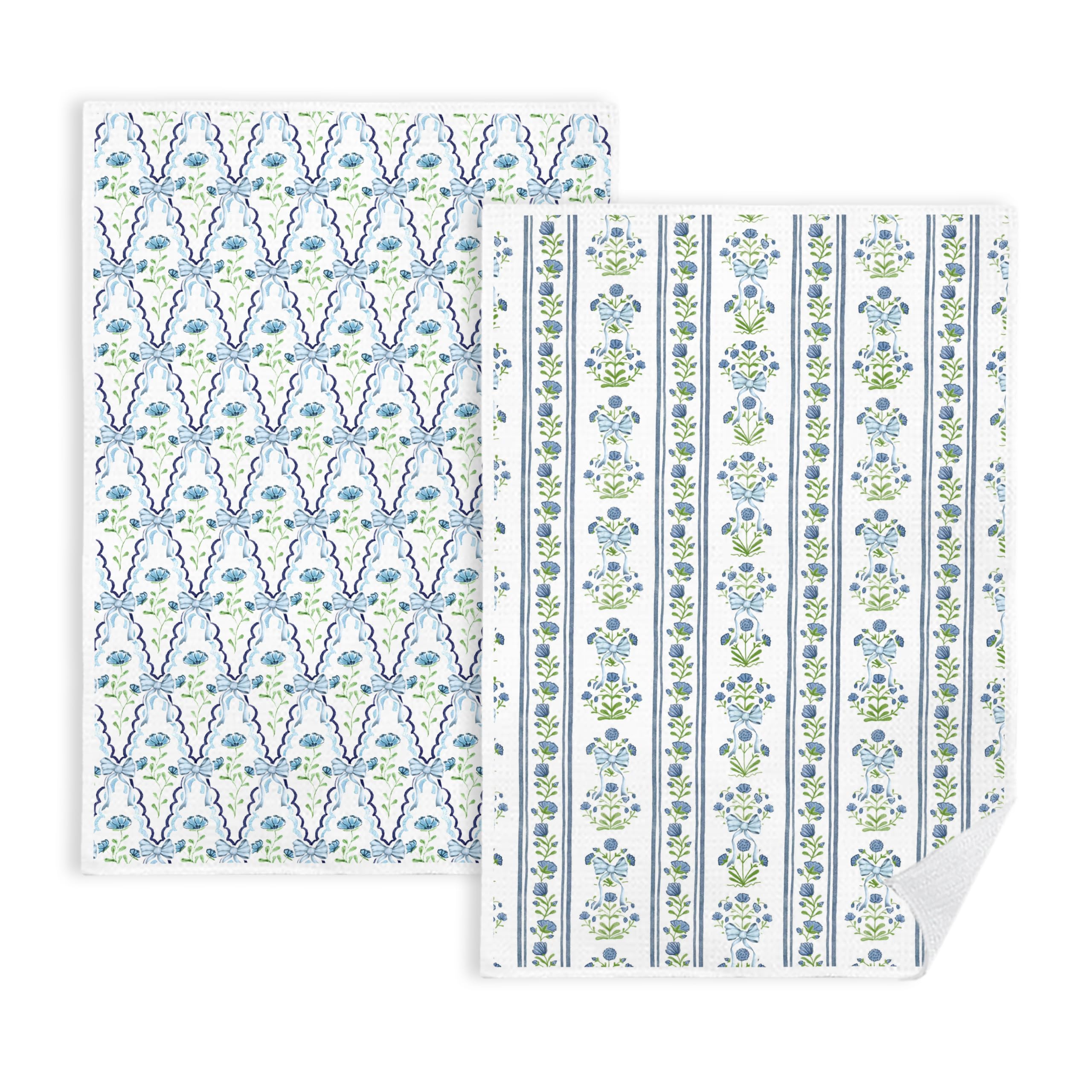 Coquette Bow Floral Kitchen Towels, Preppy Bow Dish Tea Towels for Kitchen Decor, Rustic Cottagecore Botanical Hand Towels for Bathroom Decor, 16x24 Inch