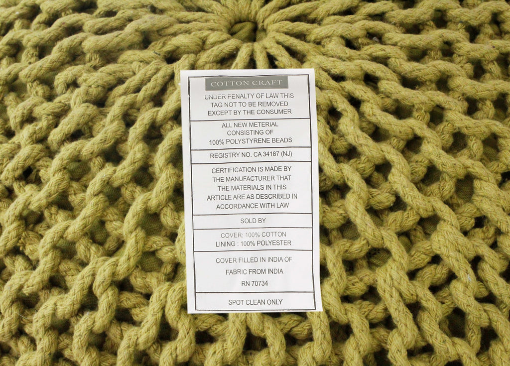 Hand-Knitted Cotton Round Pouf â€?Braid Cord Ottoman, Footrest, and Accent Seat for Living Room, Nursery, Kids Room, or Dorm Décor â€?20x14