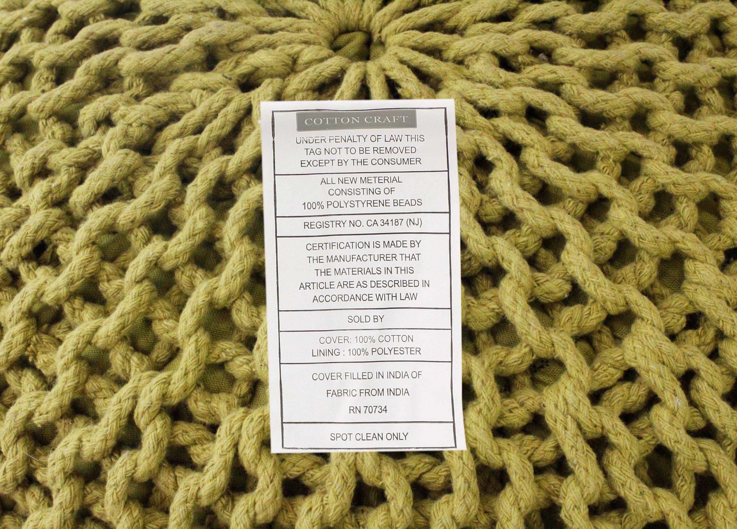 Hand-Knitted Cotton Round Pouf â€?Braid Cord Ottoman, Footrest, and Accent Seat for Living Room, Nursery, Kids Room, or Dorm Décor â€?20x14