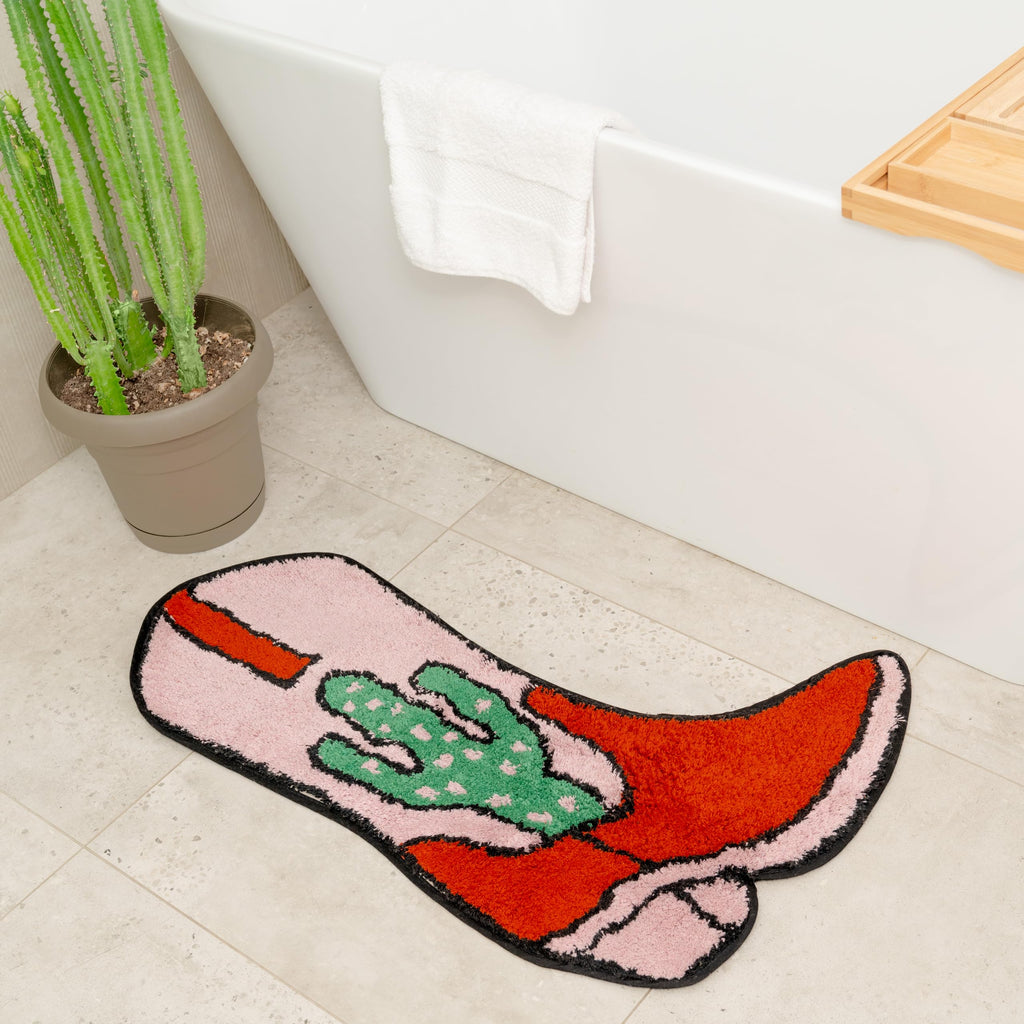 Cowboy Boot Bath Mat - Western Boot Shaped Rug with Pink, Rust, and Green Cactus Design - Water Absorbent (Boot Bath Mat)