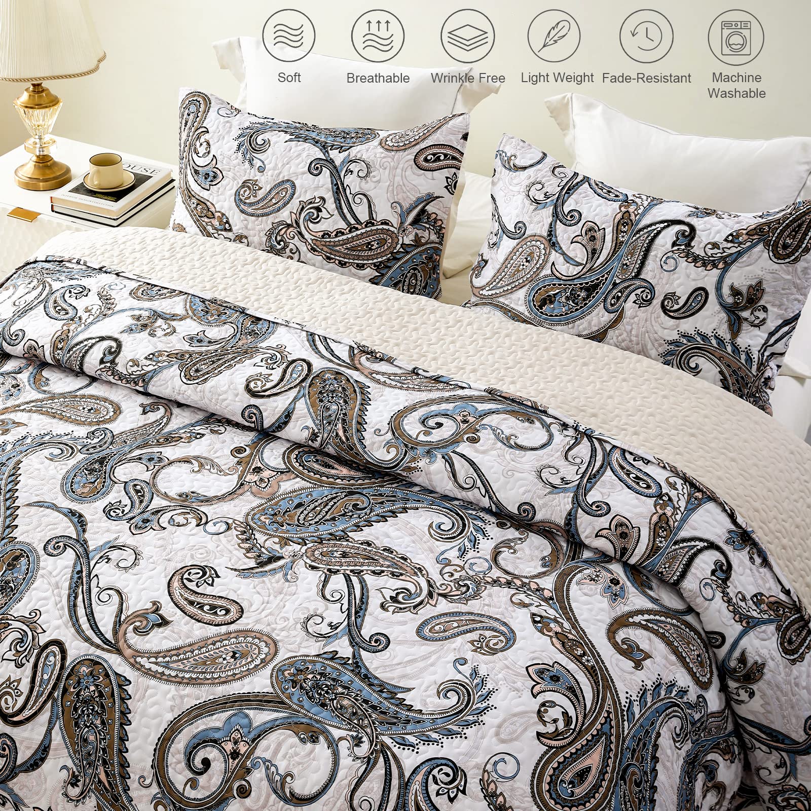 Reversible Patchwork Quilts Full Size, Lightweight Boho Printed Bedspreads Coverlets Quilt Bedding Set with 2 Pillow Shams