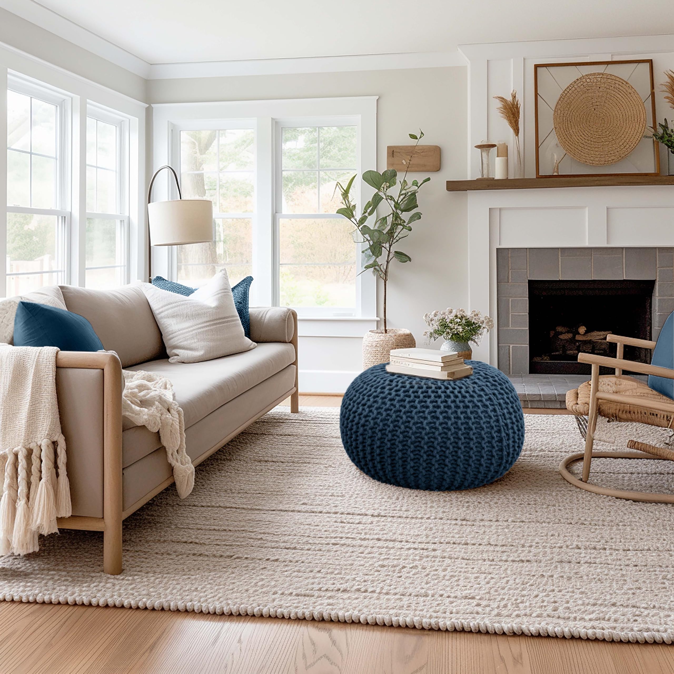 Hand-Knitted Cotton Round Pouf â€?Braid Cord Ottoman, Footrest, and Accent Seat for Living Room, Nursery, Kids Room, or Dorm Décor â€?20x14