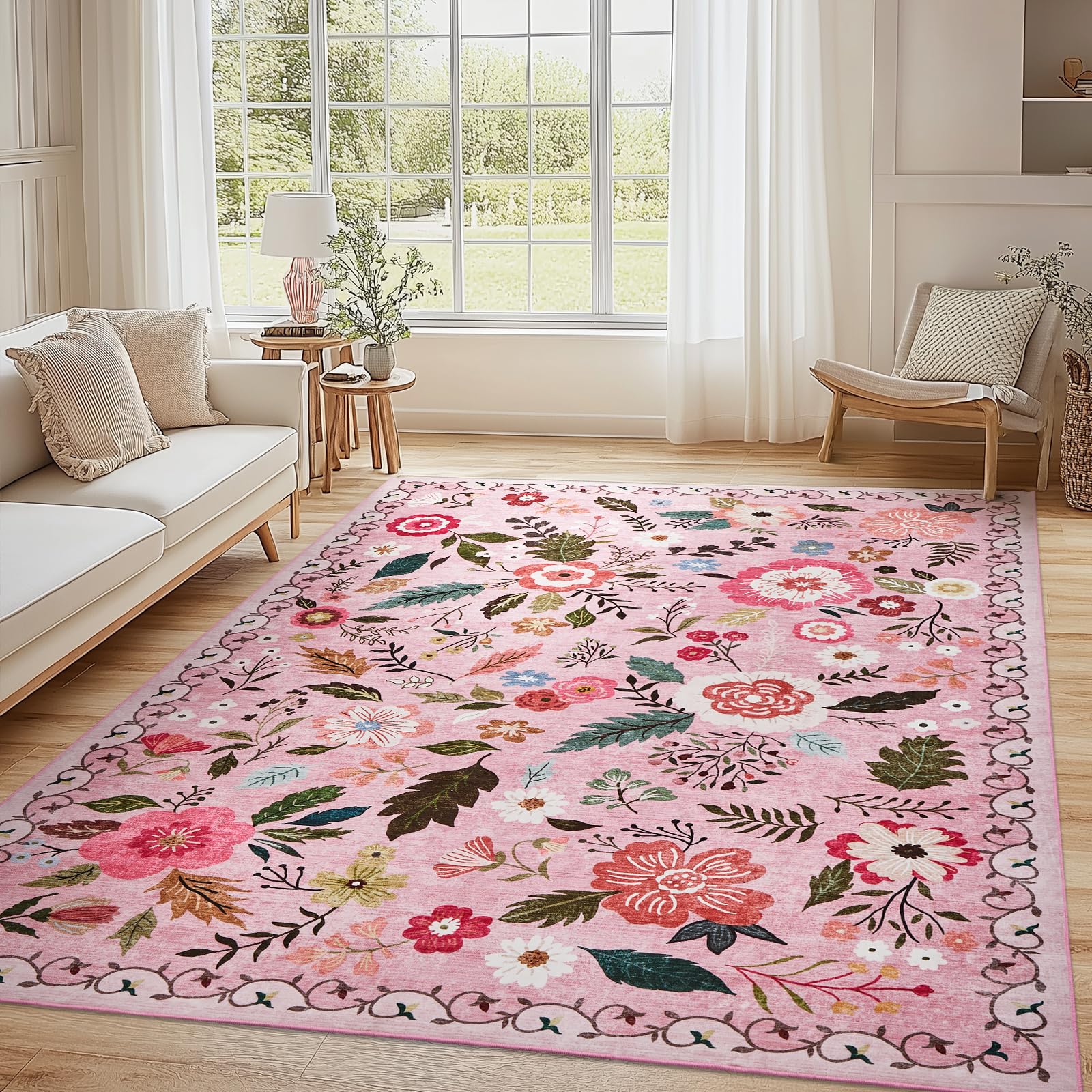 Boho Floral Vintage Rug for Home Washable Rugs Soft Low Pile, Non Slip Non-Shedding