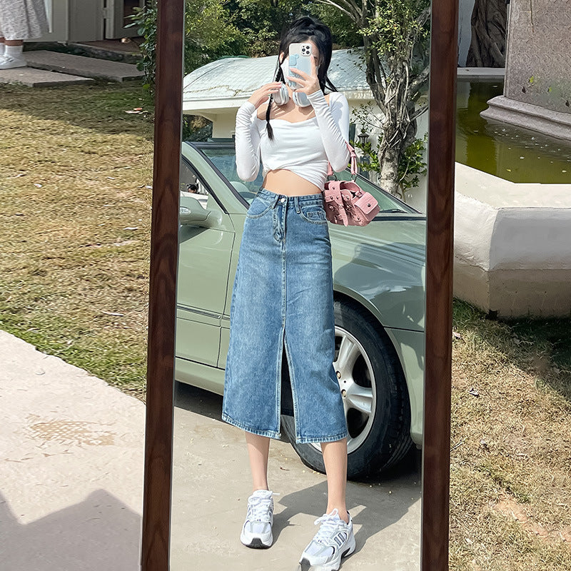 High Waist Slit Denim Skirt For Women