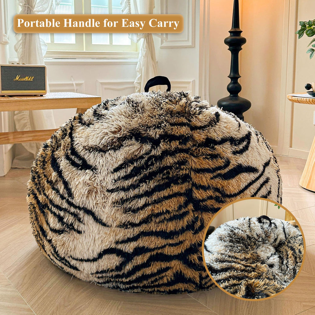 Faux Fur Leopard Print Bean Bag Chair Cover (No Filler), Fluffy Stuffed Animal Storage Cheetah Bean Bag Home Decor, Furry Fuzzy Big Beanbag Cover, Anti-Slip