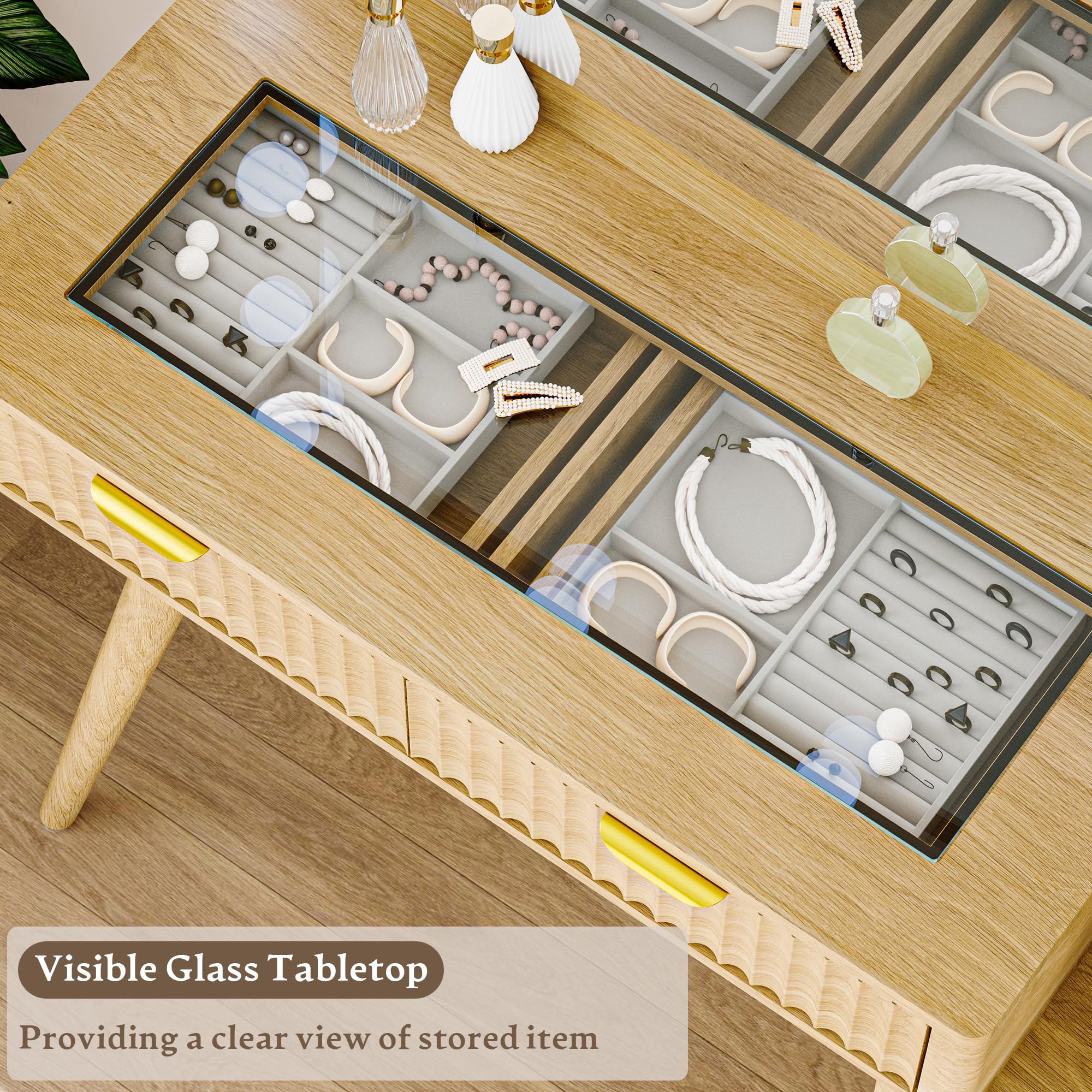 Fluted Vanity Desk with Mirror and Lights, 45" Glass Top Makeup Table Set with 5 Drawers, Power Outlet & Storage Cabinet, Large Dressing Table with RGB Ambient Light