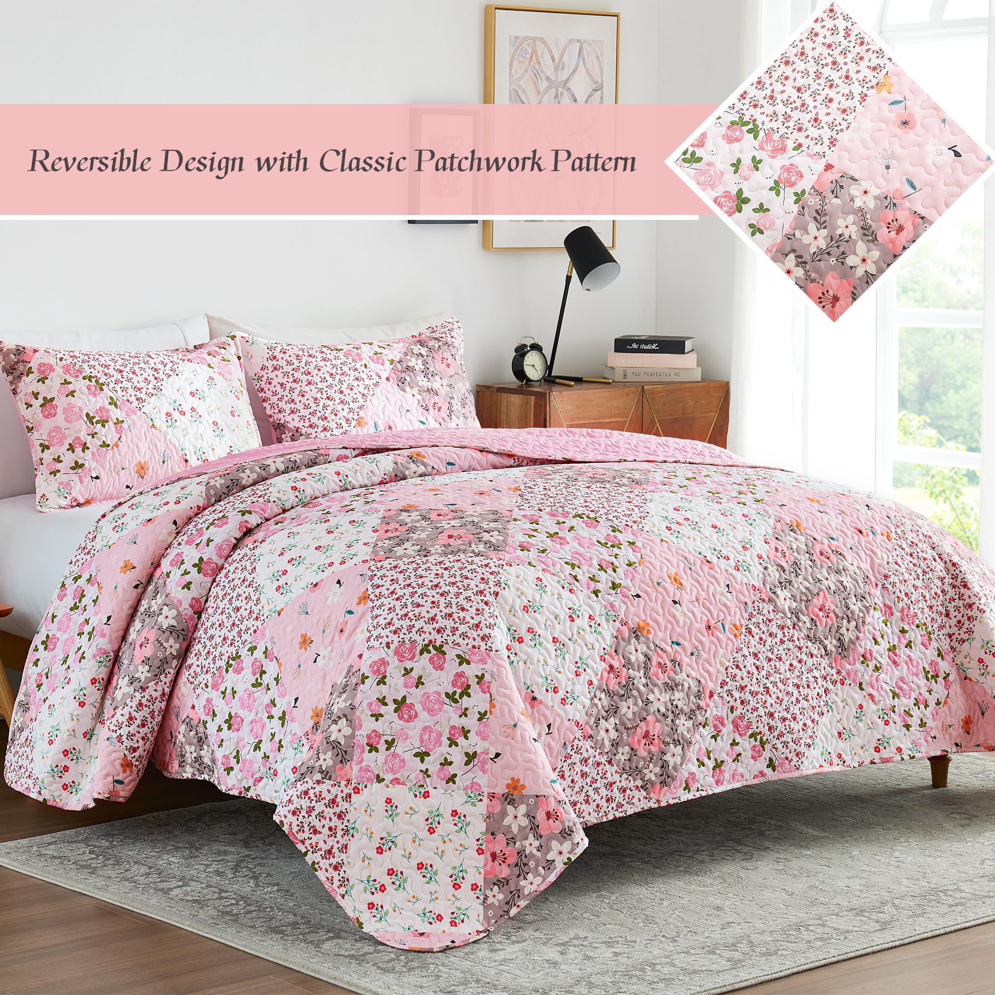 Reversible Patchwork Quilts Full Size, Lightweight Boho Printed Bedspreads Coverlets Quilt Bedding Set with 2 Pillow Shams
