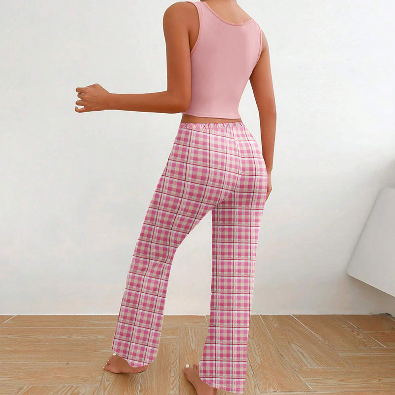 Women's Spring/Summer Casual Pajama Set â€?Sleeveless Letter Print Top and Color-Blocked Plaid Pants