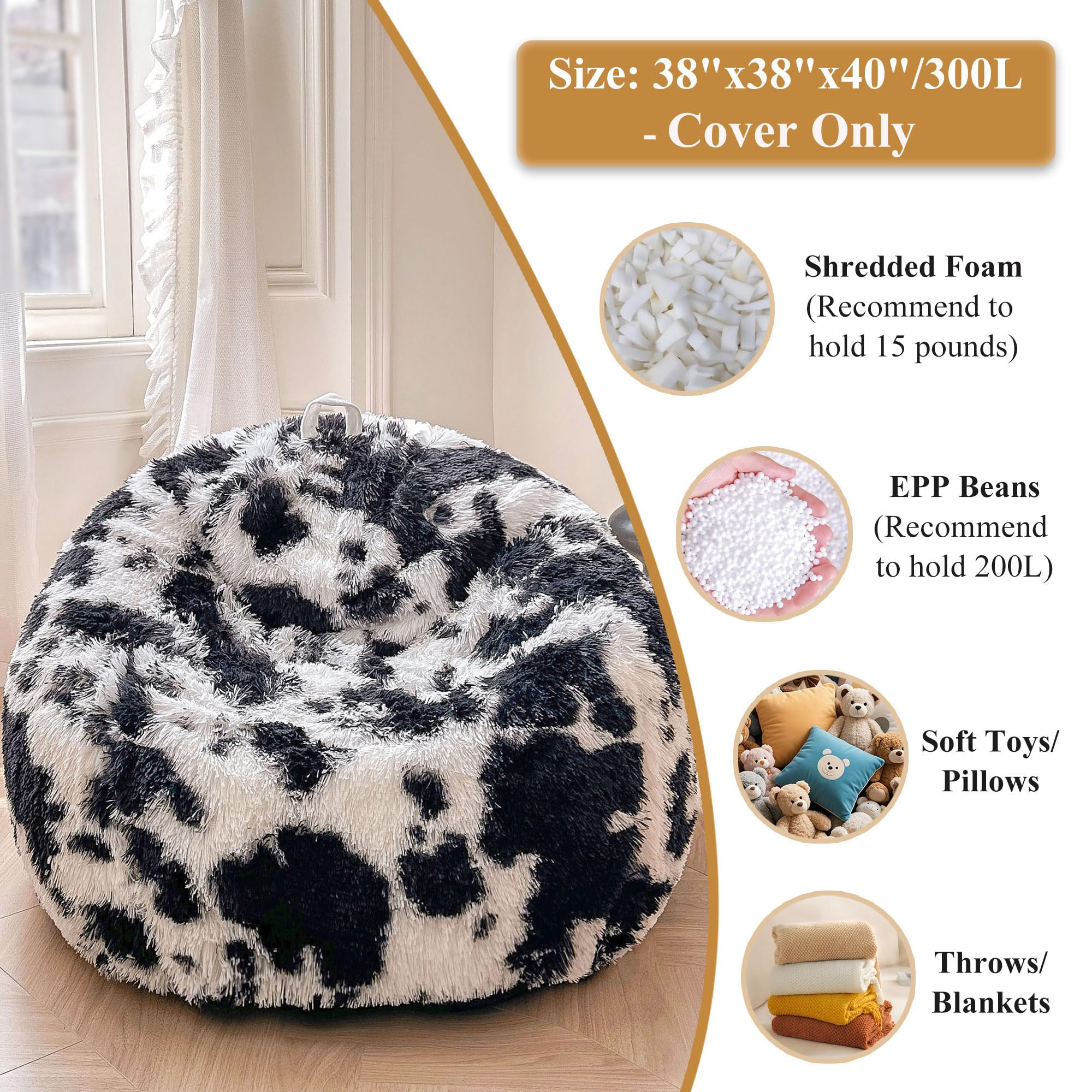 Faux Fur Leopard Print Bean Bag Chair Cover (No Filler), Fluffy Stuffed Animal Storage Cheetah Bean Bag Home Decor, Furry Fuzzy Big Beanbag Cover, Anti-Slip