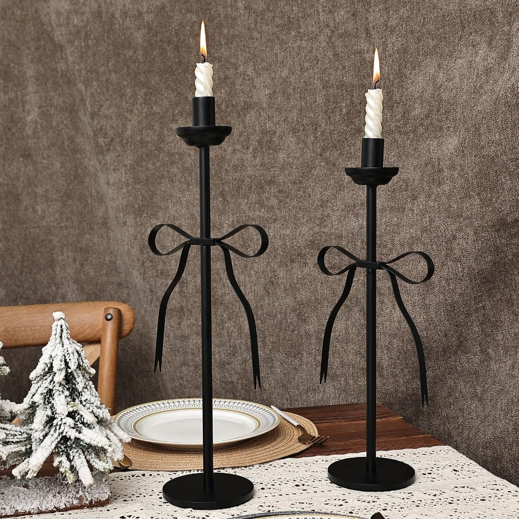 Elegant Black Taper Candlestick Holders, Set of 2 Bow Candle Stick Holders