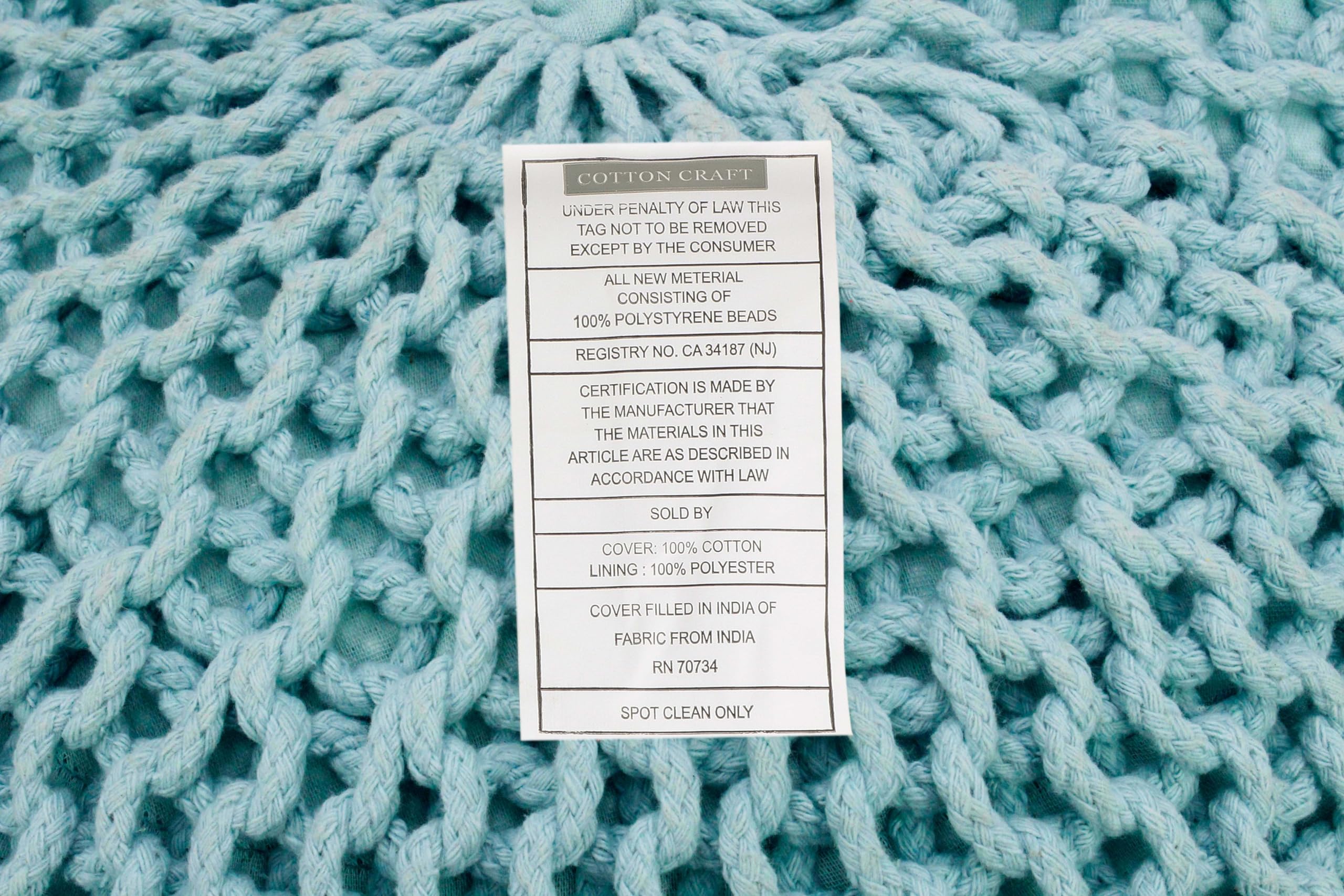 Hand-Knitted Cotton Round Pouf â€?Braid Cord Ottoman, Footrest, and Accent Seat for Living Room, Nursery, Kids Room, or Dorm Décor â€?20x14