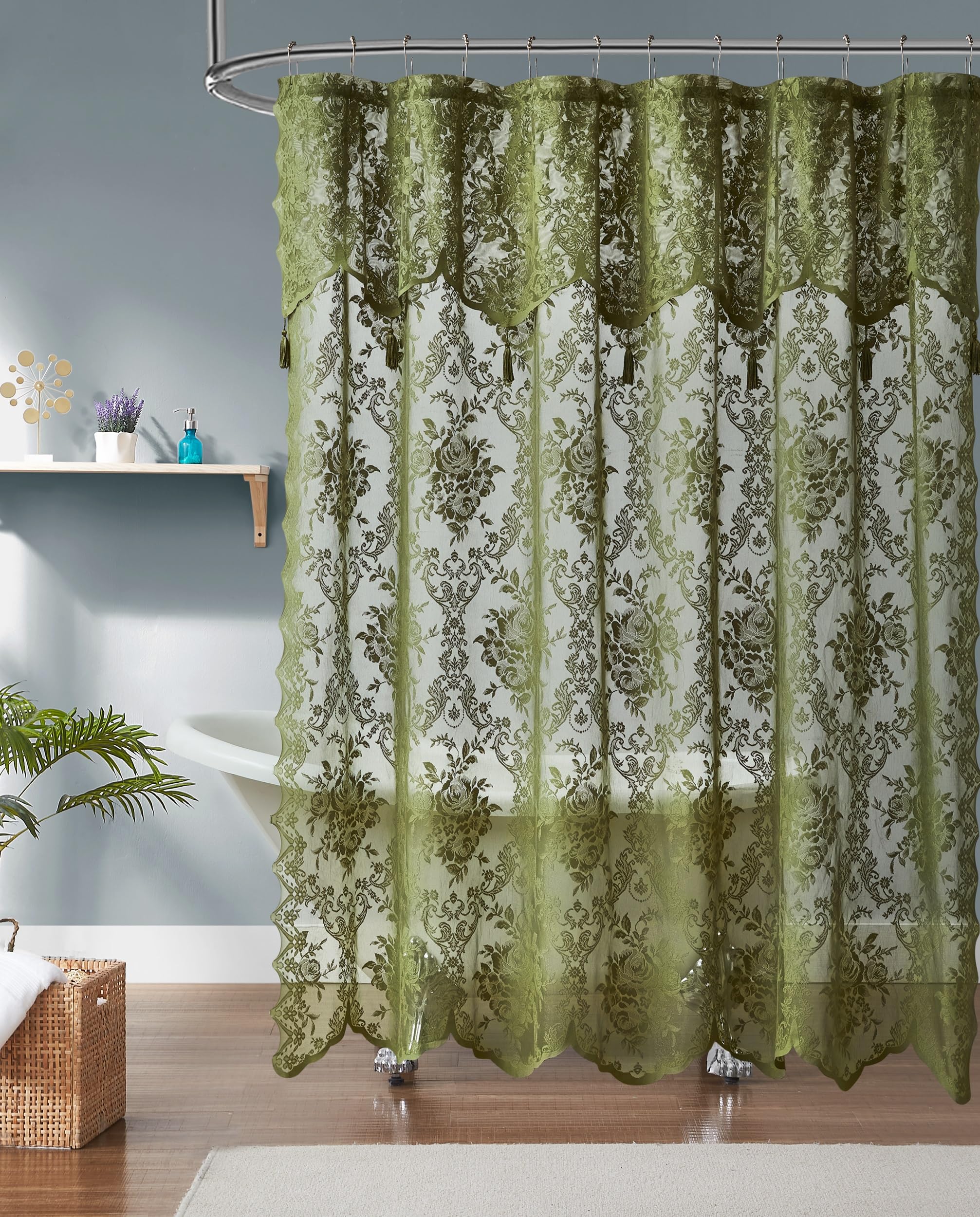 Luxury Lace Small Shower Curtain - Lace Shower Curtain with Attached Valance & Tassels