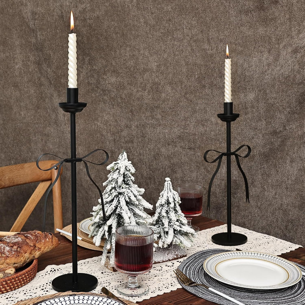 Elegant Black Taper Candlestick Holders, Set of 2 Bow Candle Stick Holders