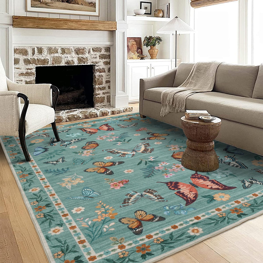 Insect Floral Area Rug, Machine Washable Area Rug Non-Slip Low Pile Large Bedroom Rug Stain Resistant Throw Rug Carpet