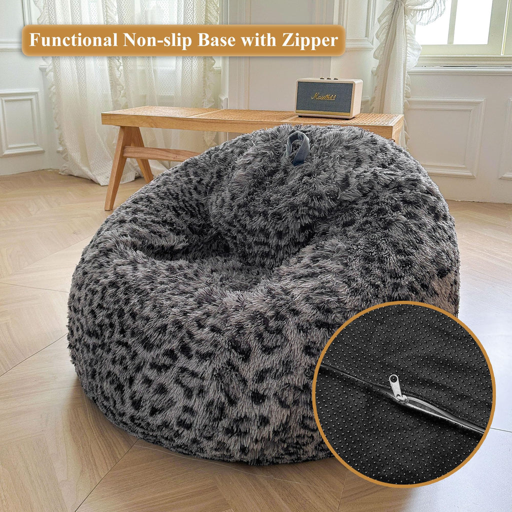 Faux Fur Leopard Print Bean Bag Chair Cover (No Filler), Fluffy Stuffed Animal Storage Cheetah Bean Bag Home Decor, Furry Fuzzy Big Beanbag Cover, Anti-Slip