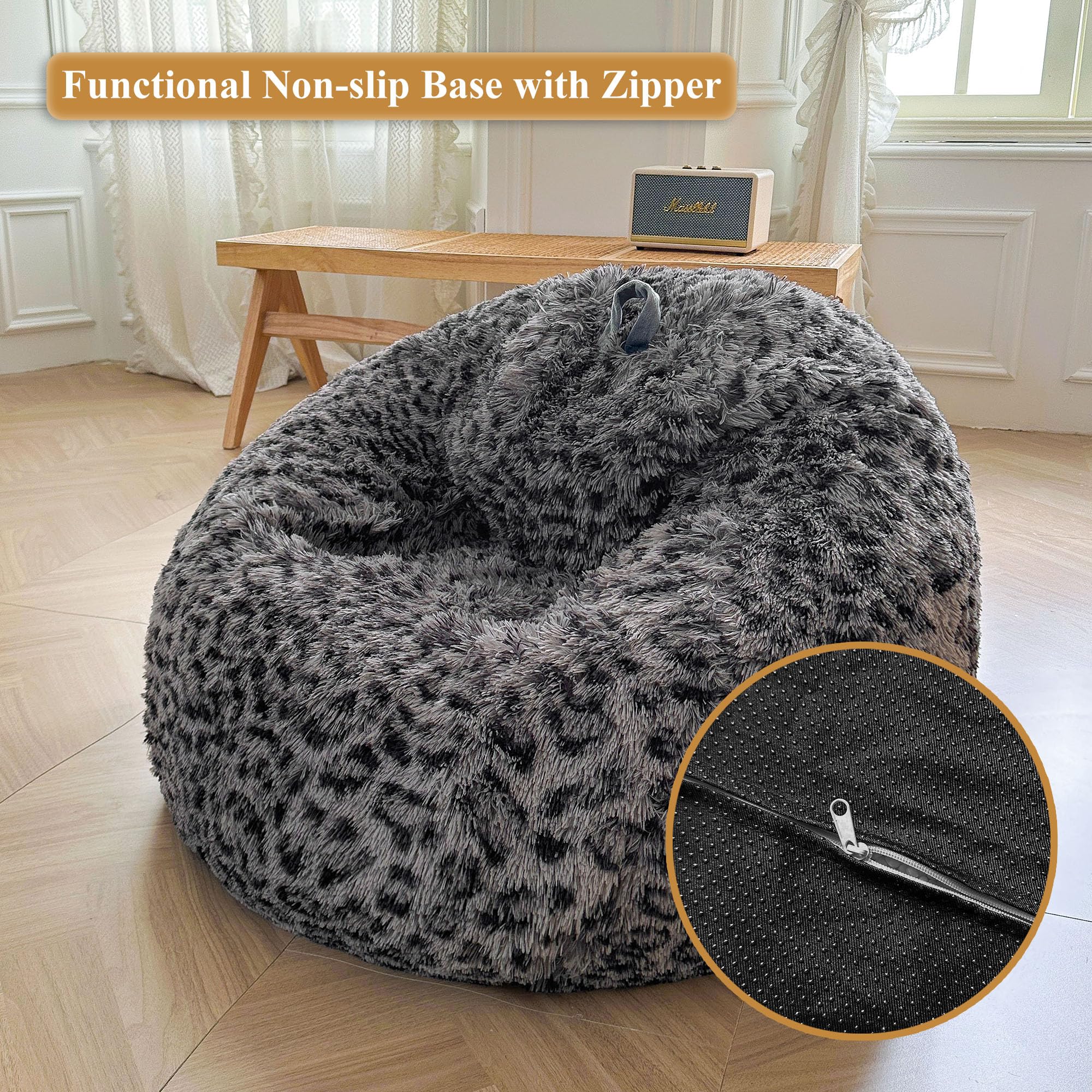 Faux Fur Leopard Print Bean Bag Chair Cover (No Filler), Fluffy Stuffed Animal Storage Cheetah Bean Bag Home Decor, Furry Fuzzy Big Beanbag Cover, Anti-Slip