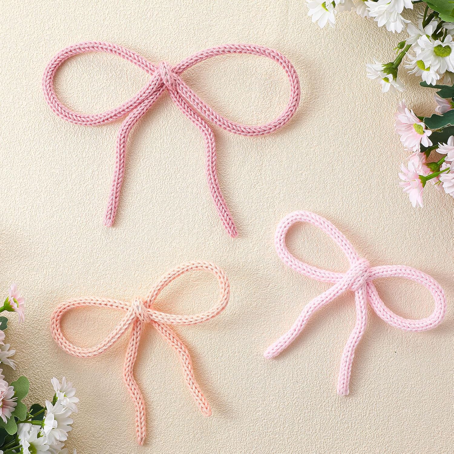 Pink Bow 3 Pcs Boho Bow Wall Decor - Coquette Room Decor Woven Macrame Wall Hanging 2 Size Pink Preppy Decoration