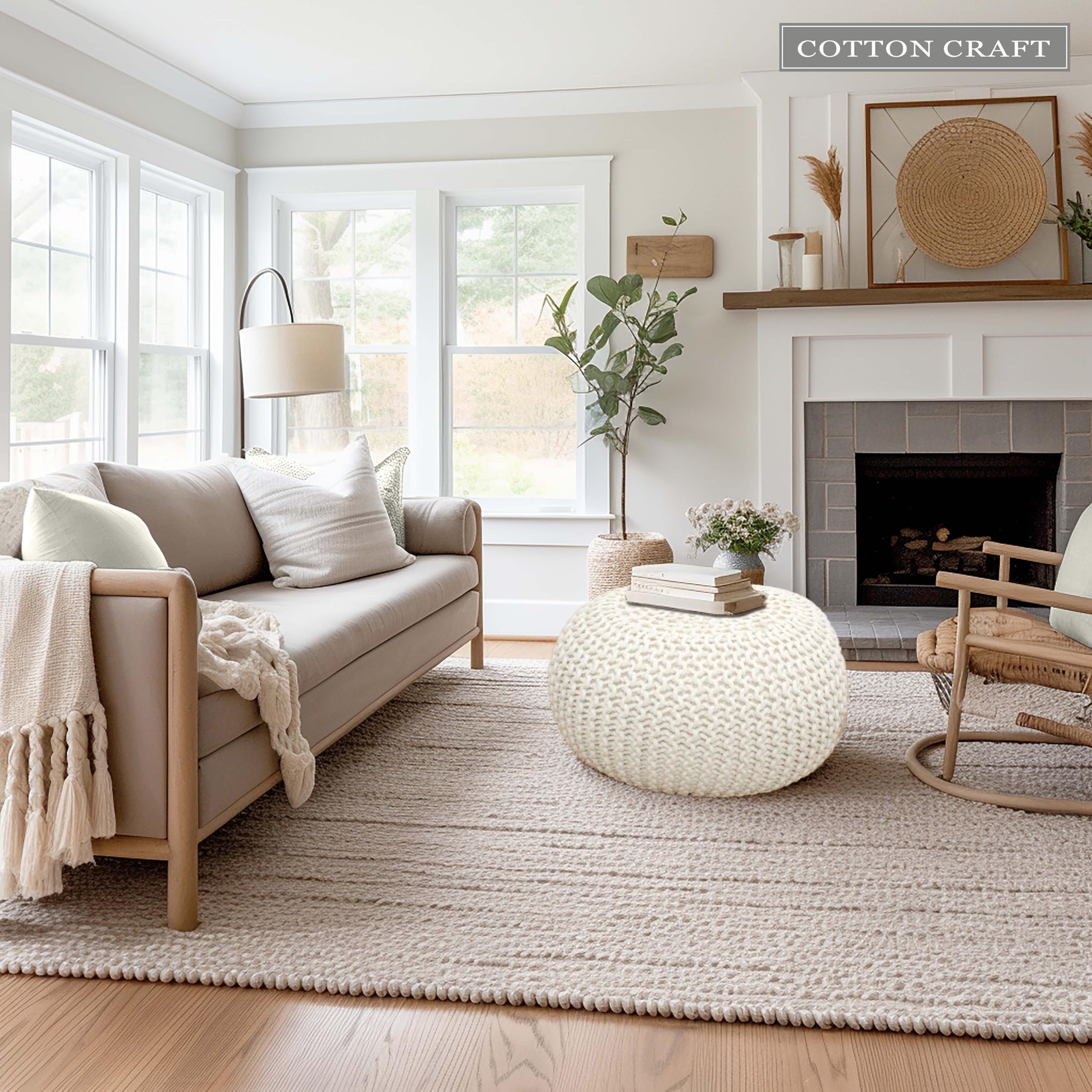 Hand-Knitted Cotton Round Pouf â€?Braid Cord Ottoman, Footrest, and Accent Seat for Living Room, Nursery, Kids Room, or Dorm Décor â€?20x14