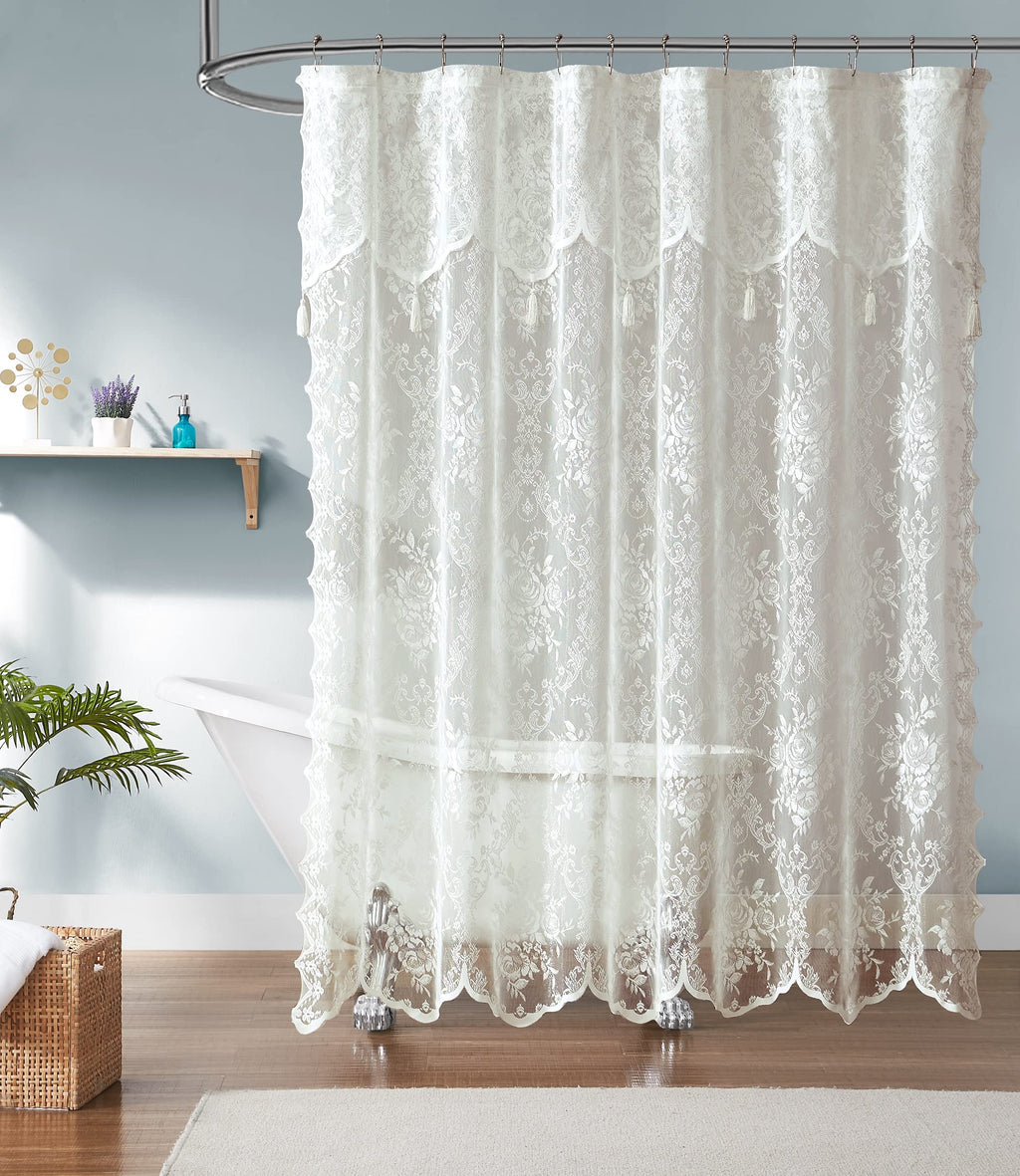 Luxury Lace Small Shower Curtain - Lace Shower Curtain with Attached Valance & Tassels