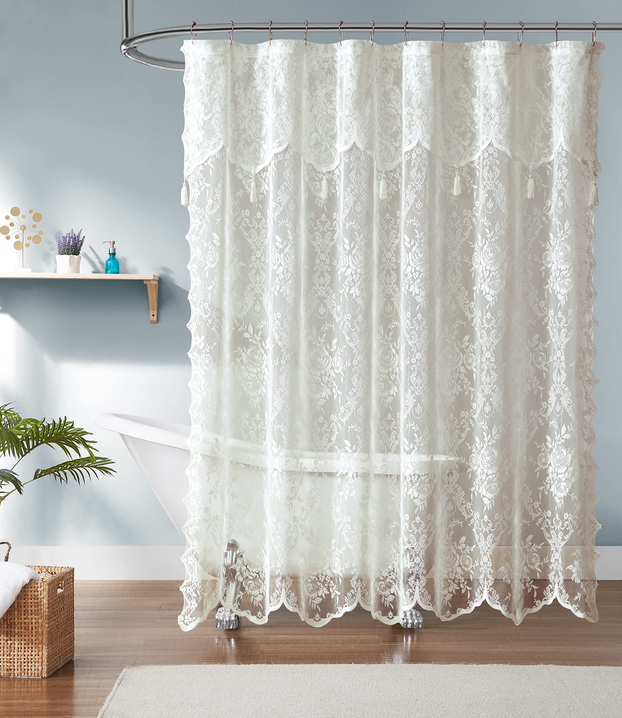 Luxury Lace Small Shower Curtain - Lace Shower Curtain with Attached Valance & Tassels