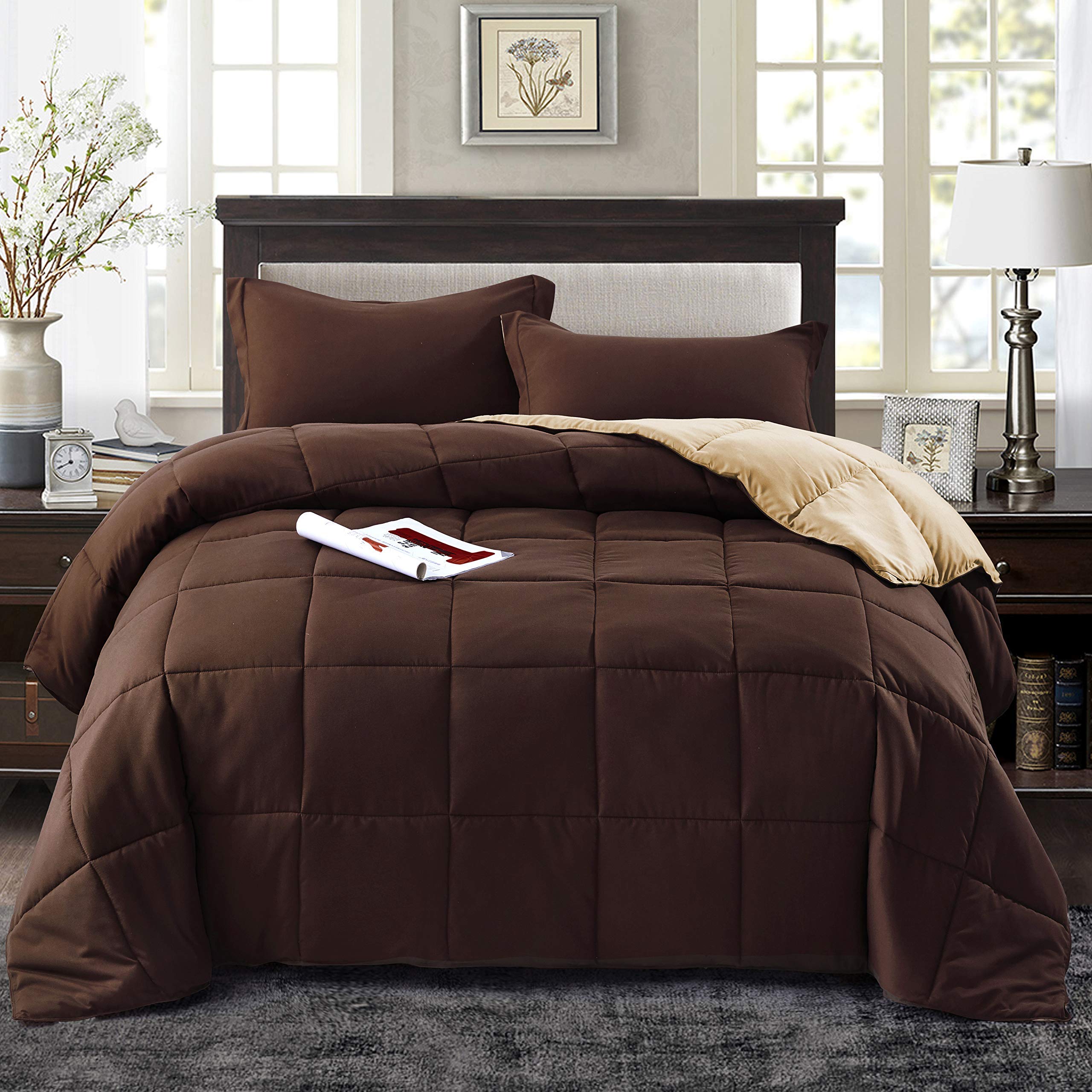 Reversible Down Alternative Comforter with Two Shams - Quilted Duvet Insert with Corner Tabs - Box Stitched Blanket - Super Soft, Fluffy