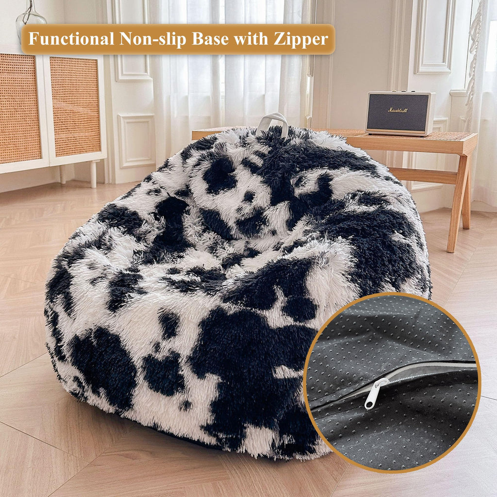 Faux Fur Leopard Print Bean Bag Chair Cover (No Filler), Fluffy Stuffed Animal Storage Cheetah Bean Bag Home Decor, Furry Fuzzy Big Beanbag Cover, Anti-Slip