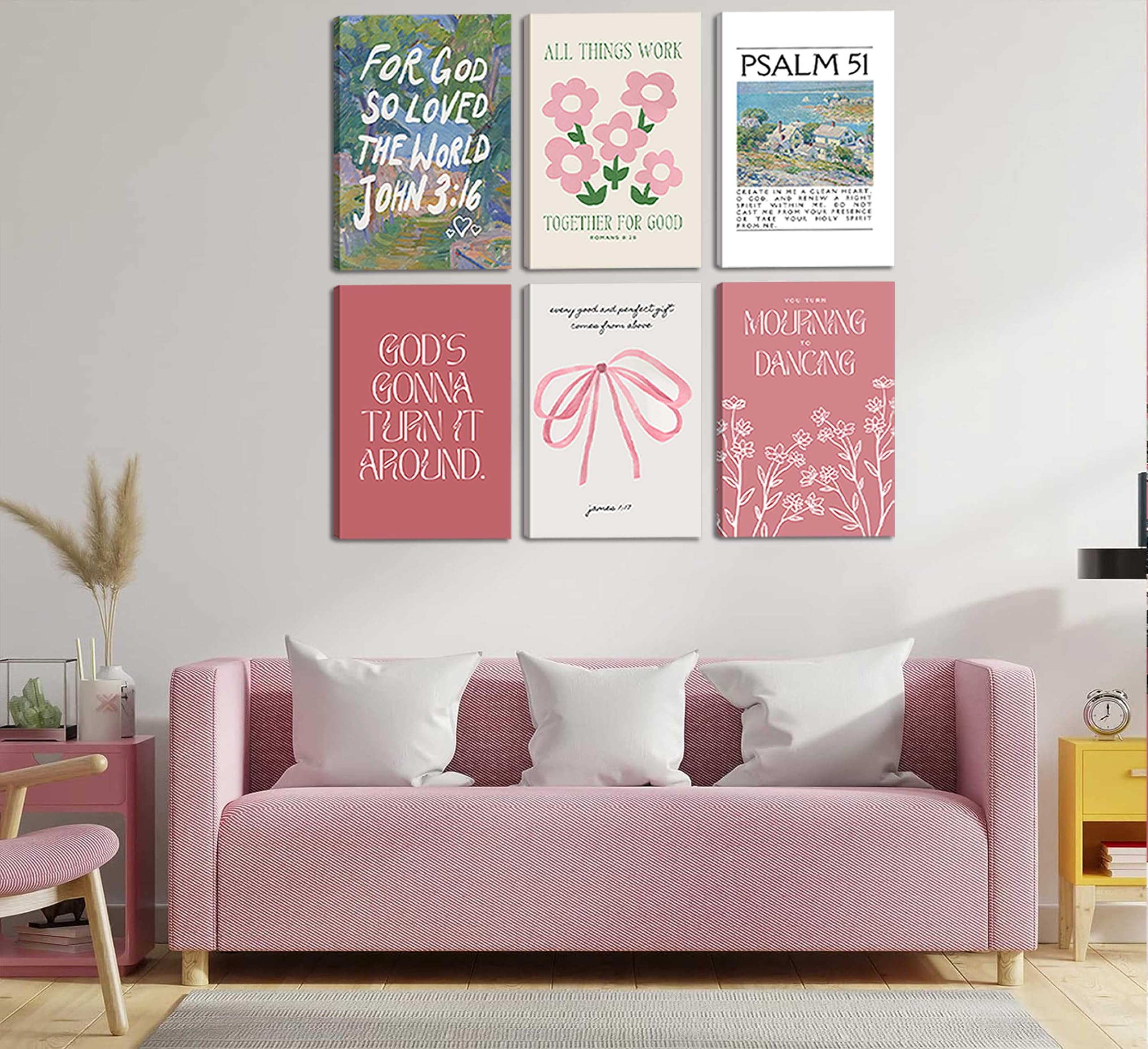 Wall Art Pink Bow Verse Canvas Paintings Decor 6Pcs